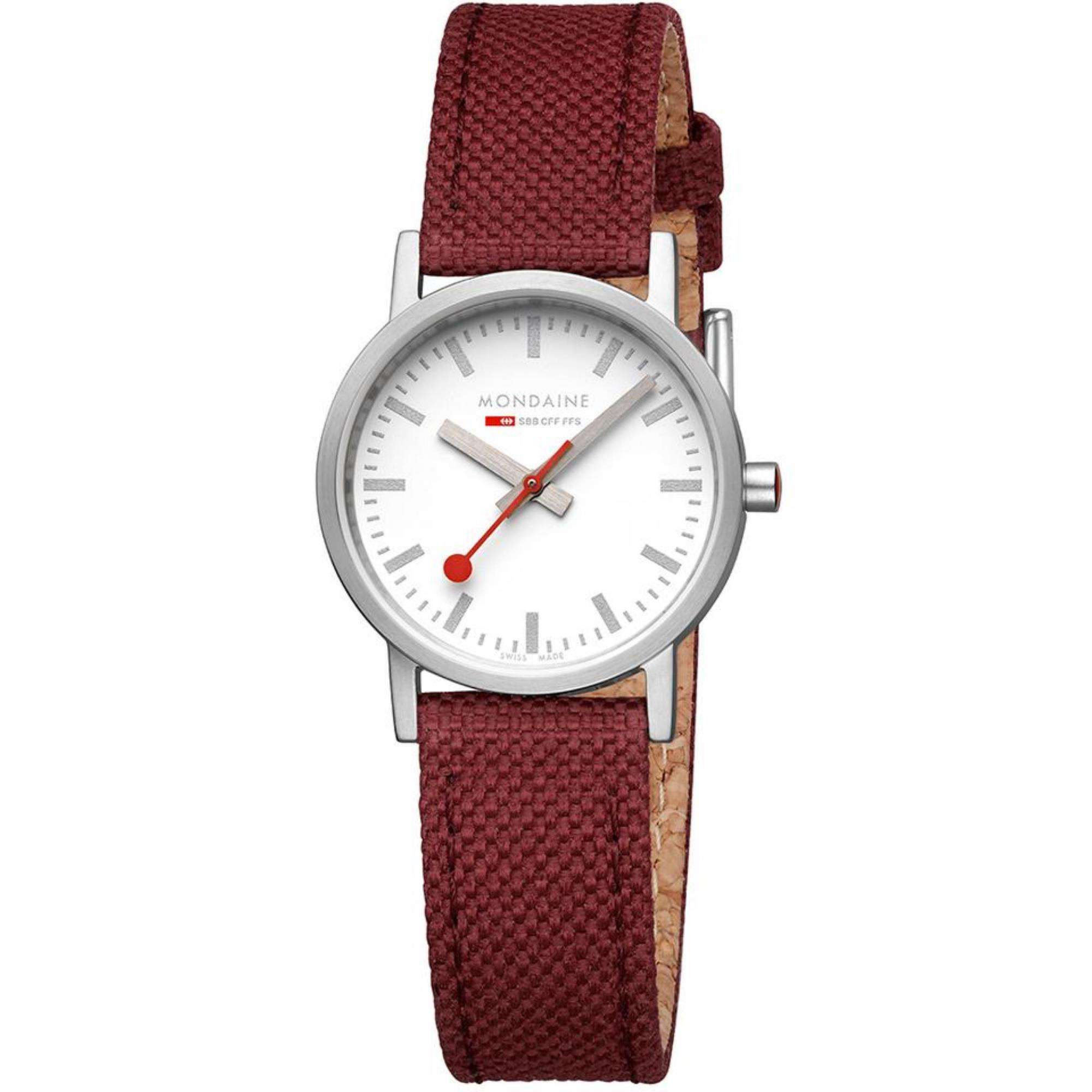 Mondaine Classic Quarz Weißes Zifferblatt Rotes Textil Armband Damen Uhr A658.30323.17SBC1