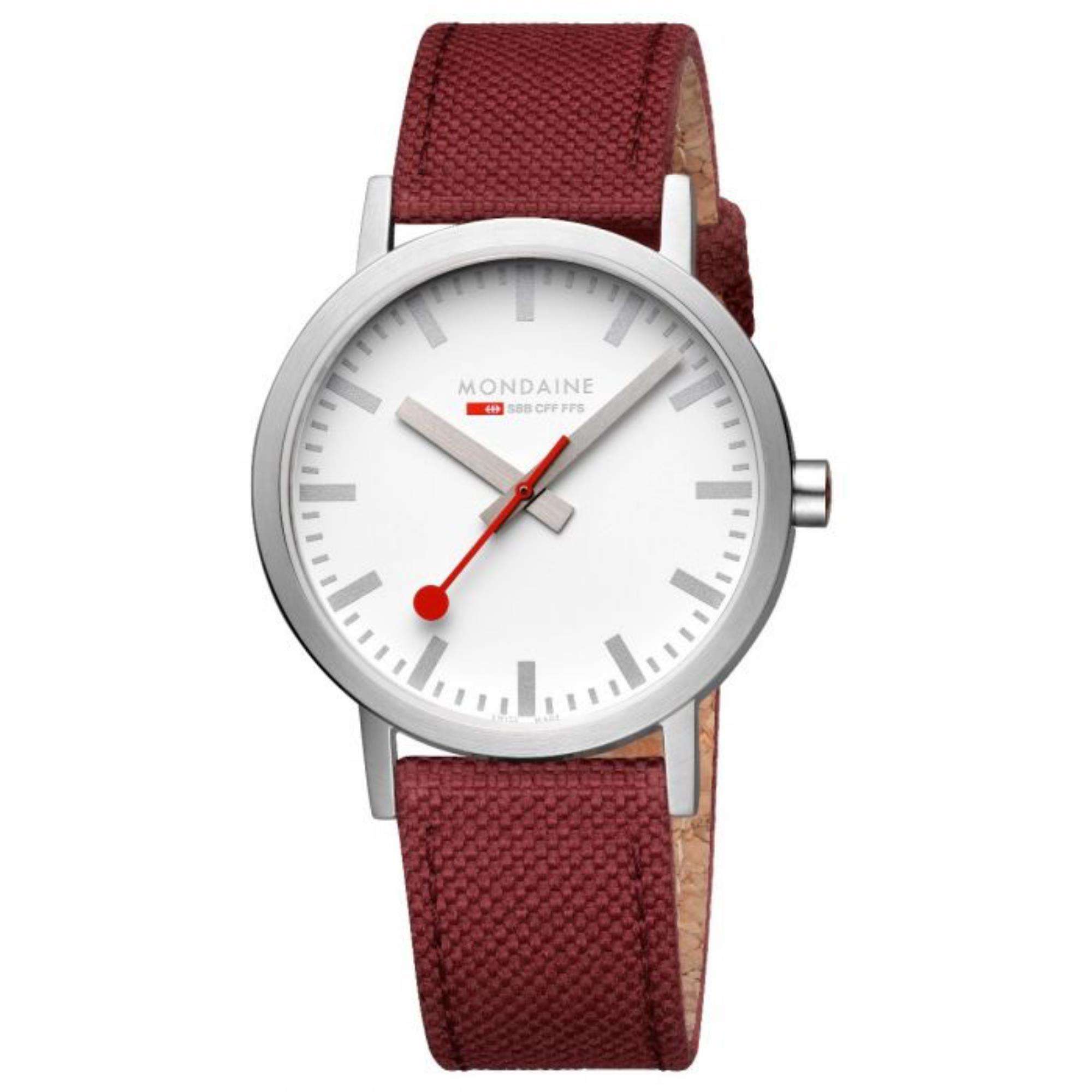 Mondaine Classic Quarz Weißes Zifferblatt Rotes Textil Armband Uhr A660.30360.17SBC