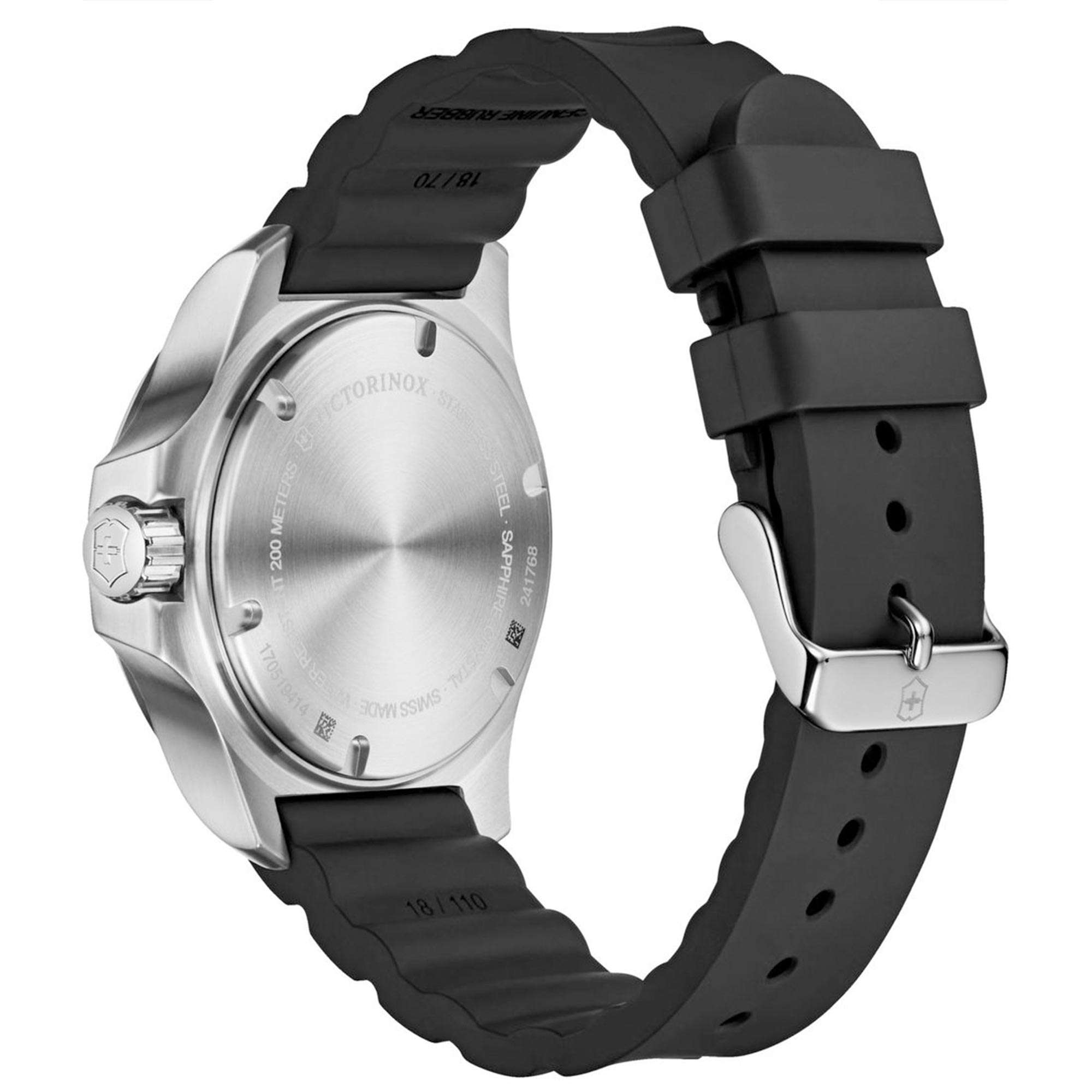 Victorinox I.N.O.X V Schwarzes Gummi Silbernes Edelstahl Quarz Damen Uhr 241768