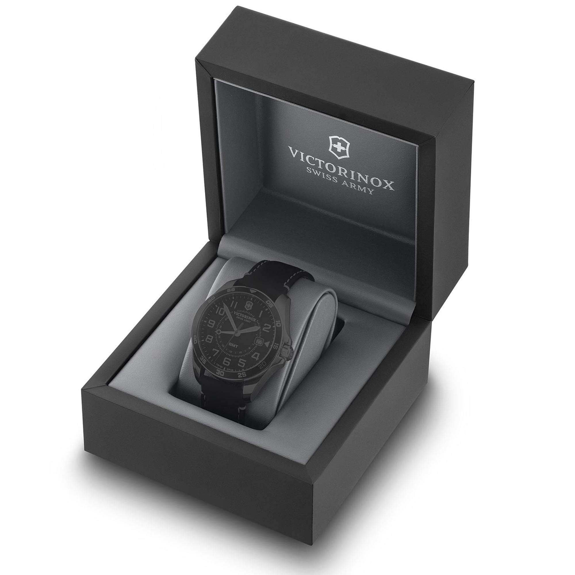 Victorinox Swiss Army Field Force GMT Black Dial Black Leather Bracelet Men's Watch 241895