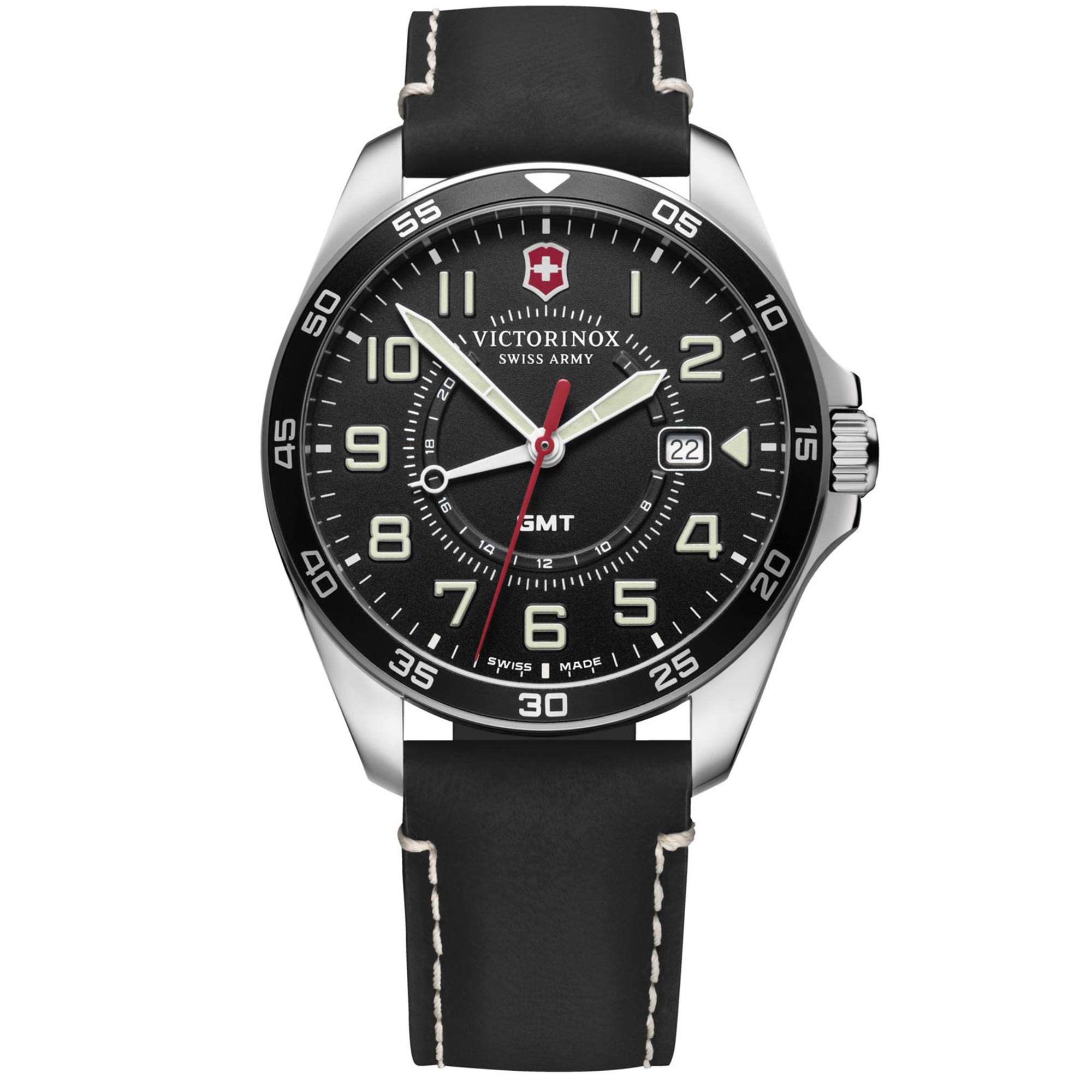 Victorinox Swiss Army Field Force GMT Black Dial Black Leather Bracelet Men's Watch 241895