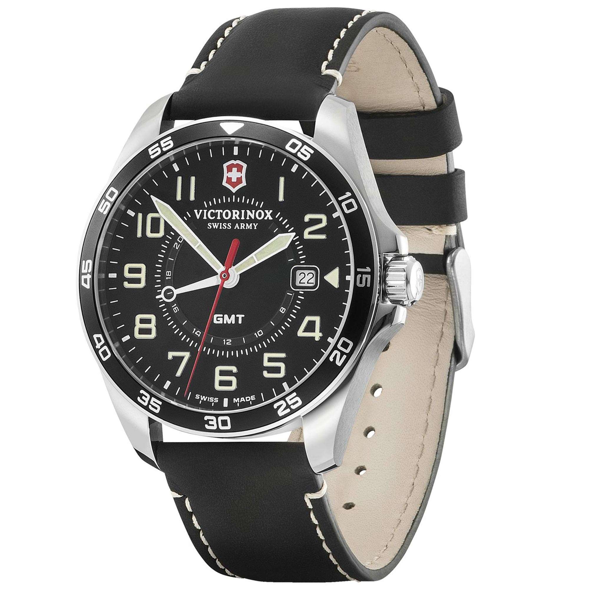 Victorinox Swiss Army Field Force GMT Black Dial Black Leather Bracelet Men's Watch 241895