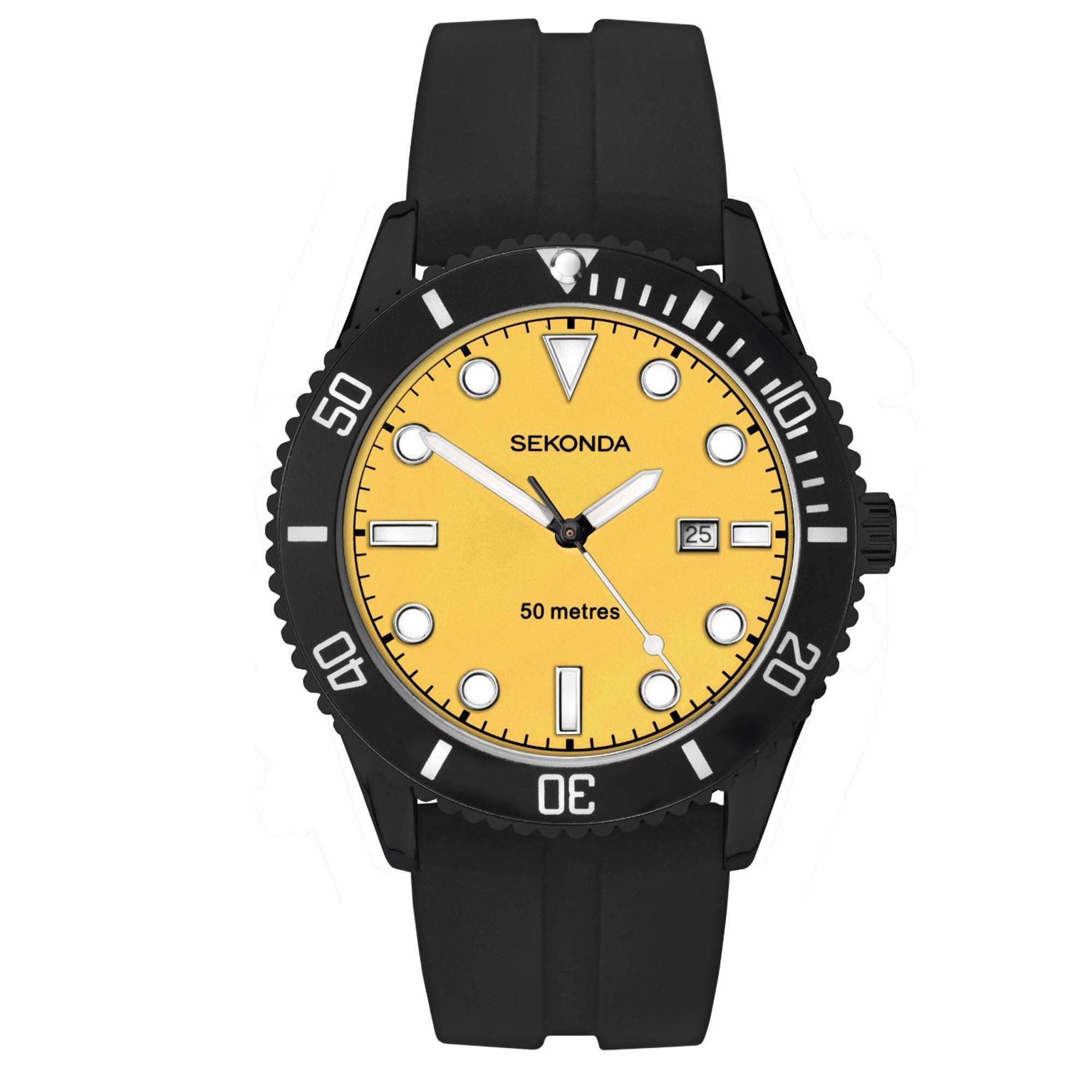 Sekonda Sports Quarz Gelbes Zifferblatt Schwarzes Gummi Armband Herren Uhr 1979