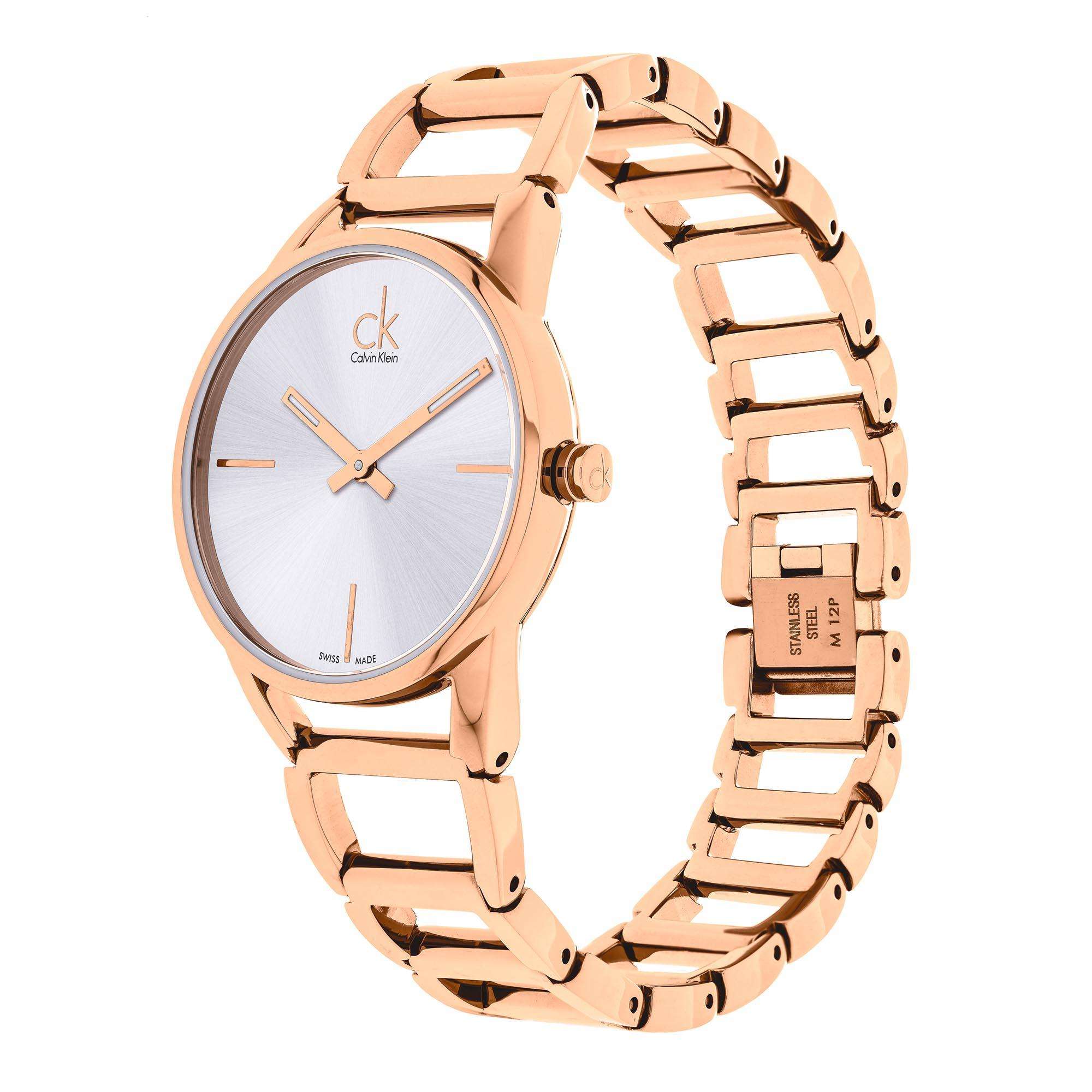 Calvin Klein Stately Quartz Silver Dial Rose Gold PVD Stainless Steel Bracelet Ladies Watch K3G23626
