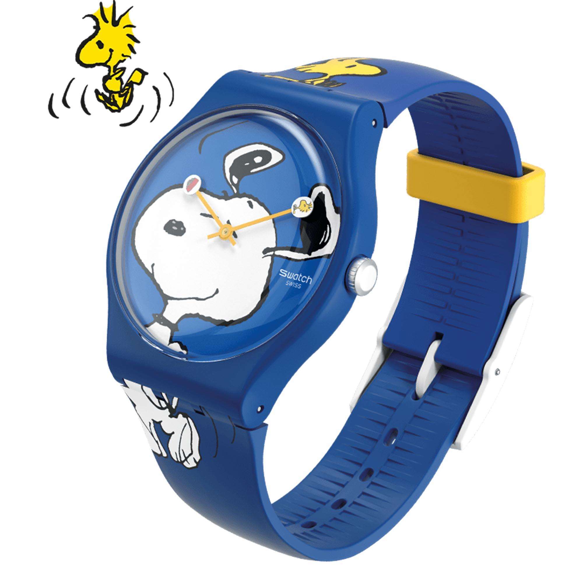 Swatch Peanuts Snoopy HEE HEE HEE Blaue Zifferblatt und Silikonarmband Uhr SO29Z106