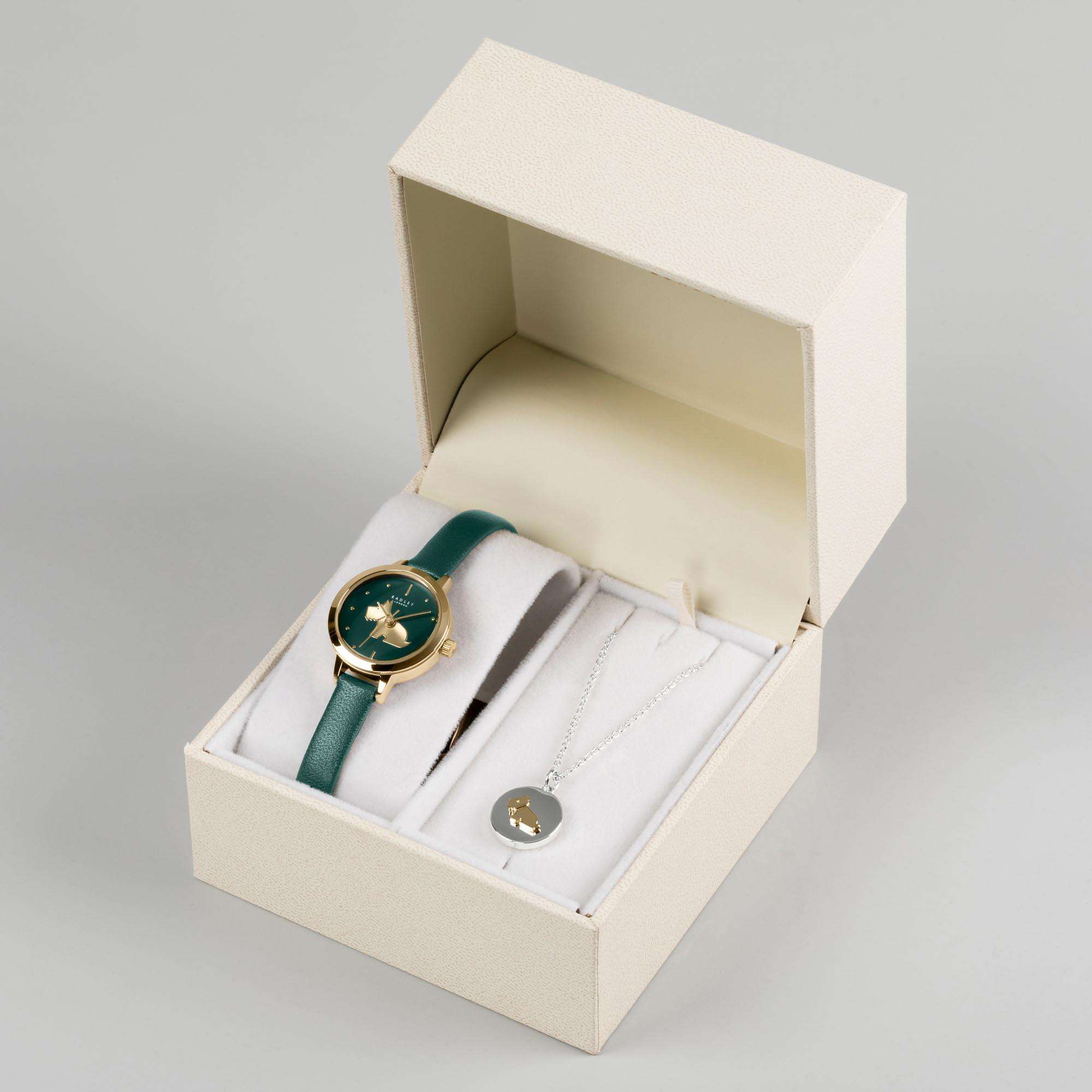 Radley Quarz Grüne Zifferblatt Lederarmband Damen Uhr Halskette Set RY21308A-SET