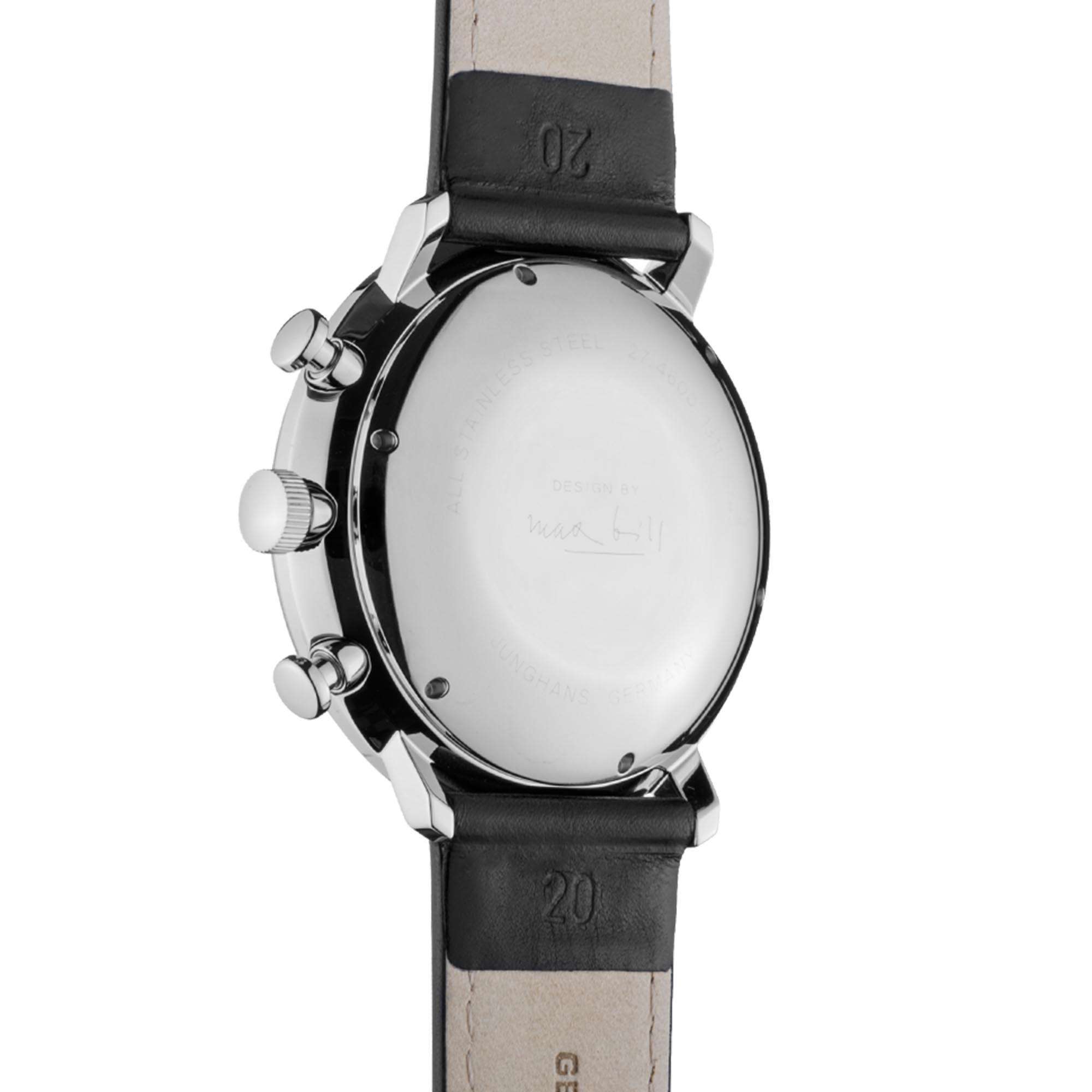 Montre Homme Junghans Max Bill Chronoscope Cadran Argent Bracelet Cuir Noir 27/4600.04