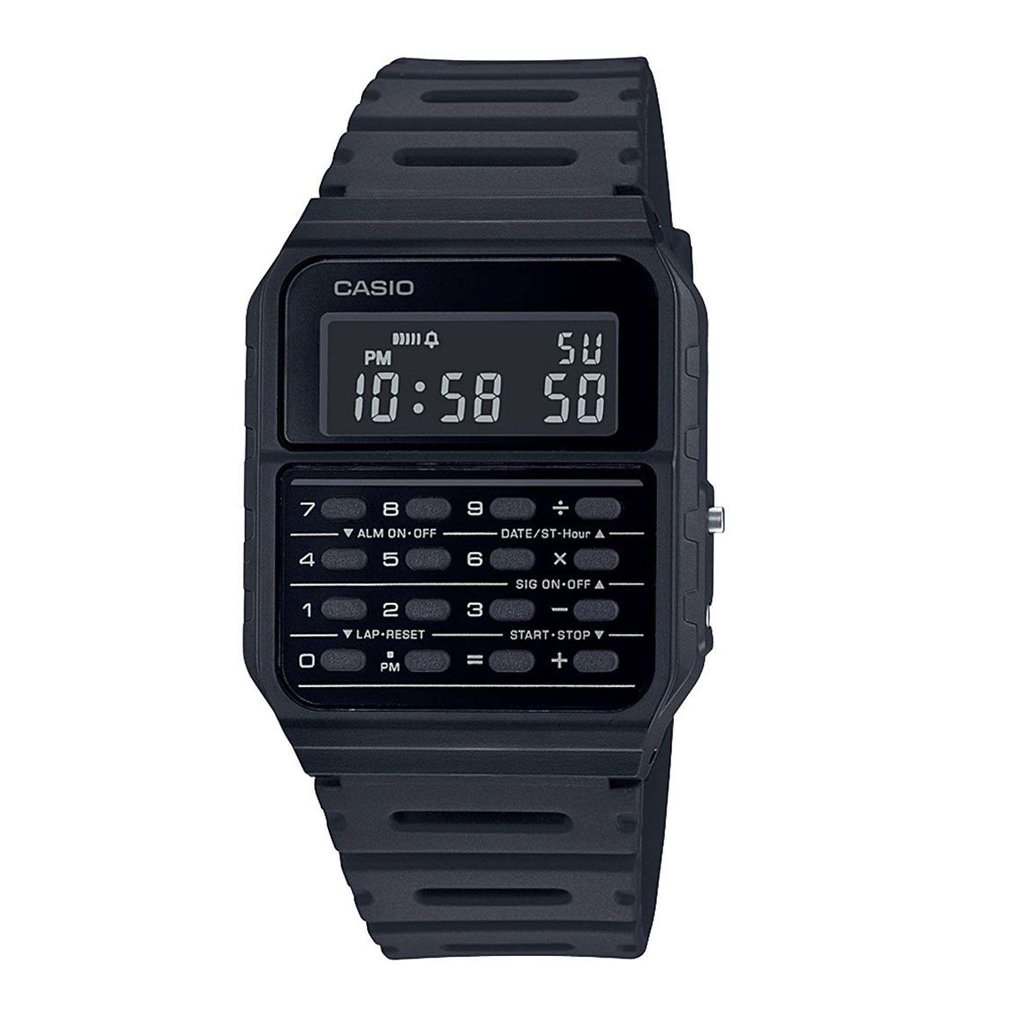 Casio Vintage Quarz Schwarzes Zifferblatt Schwarzes Harzarmband Taschenrechner Uhr CA-53WF-1BEF