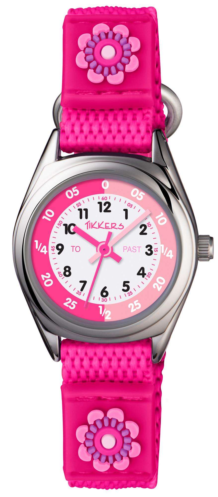Tikkers Time Teacher Quarz Pink Blume Weiß Zifferblatt Klettverschluss Mädchen Uhr