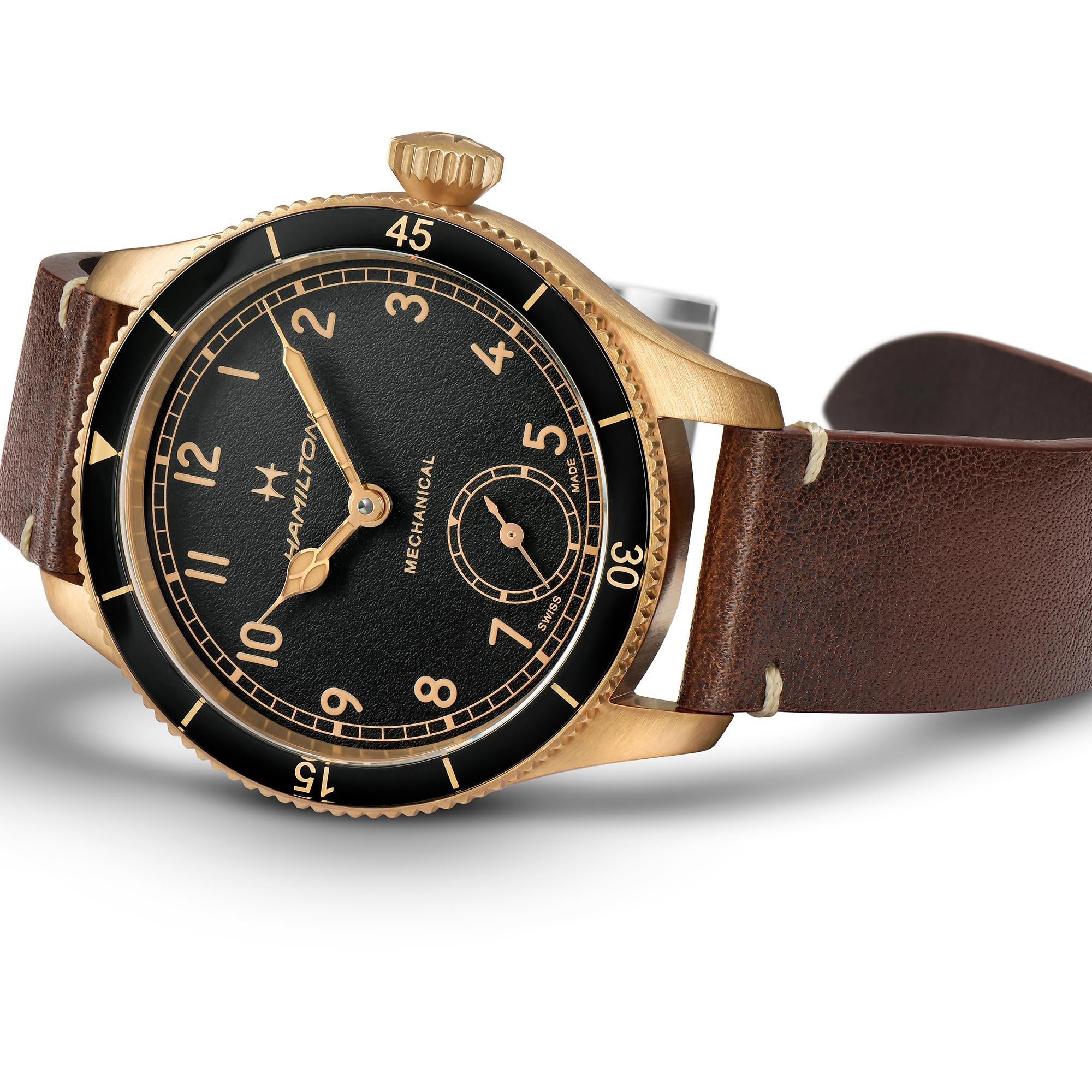Hamilton Khaki Aviation 43mm Pilot Pioneer bronze black dial leather mechanical watch H76709530