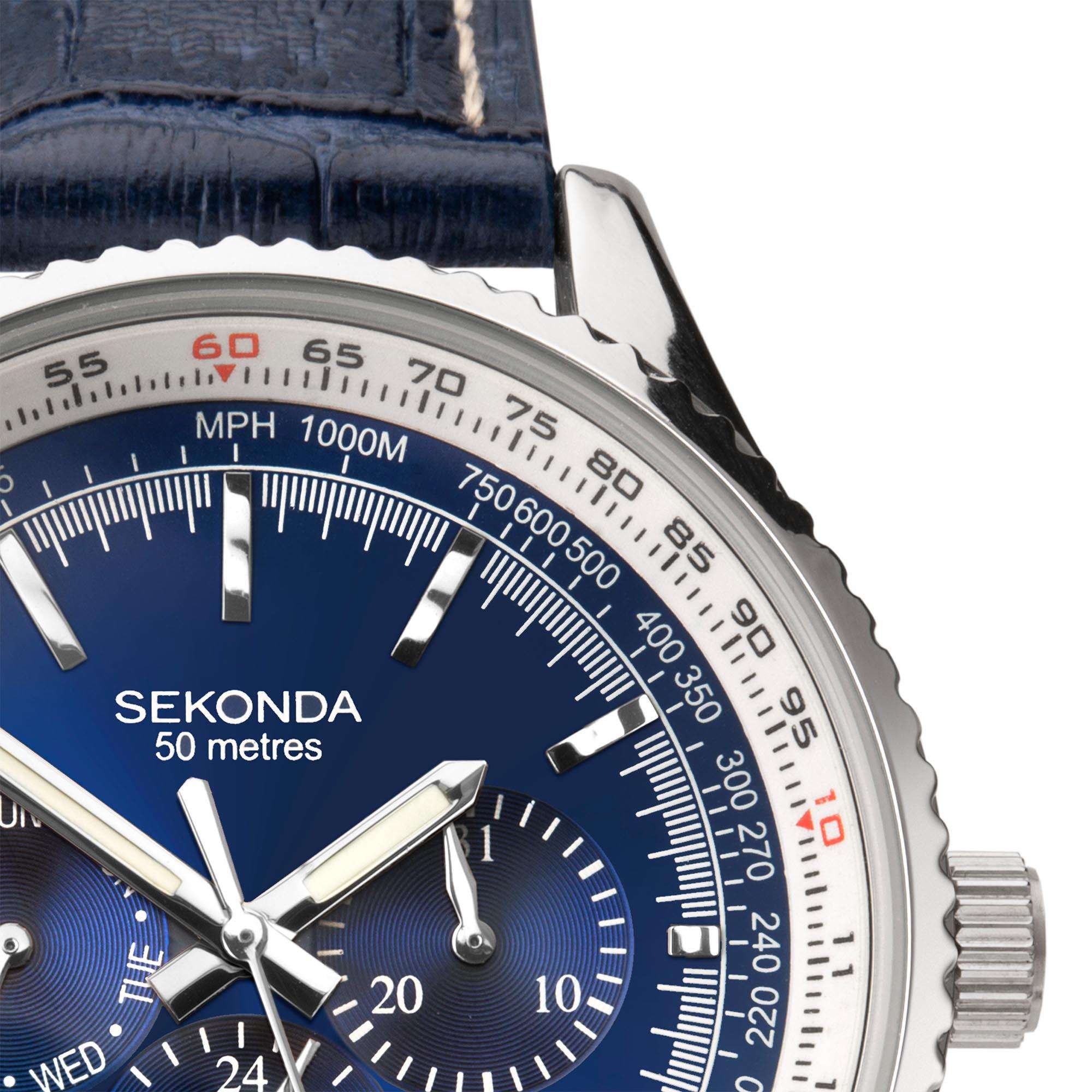 Sekonda Aviation Quarz Blaues Zifferblatt Blauer Lederarmband Herren Uhr 1627