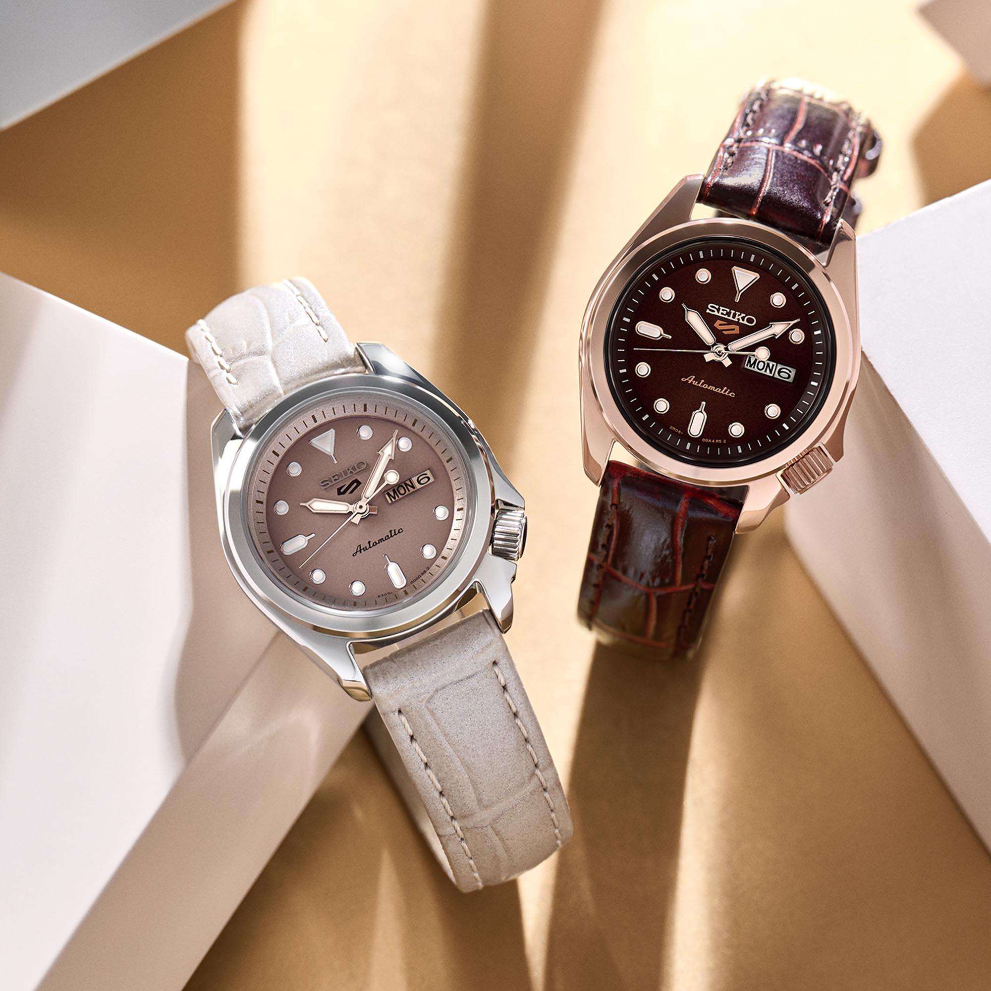 Seiko 5 Sports Compact Automatic Brown Dial Brown Leather Strap Ladies Watch SRE006K1
