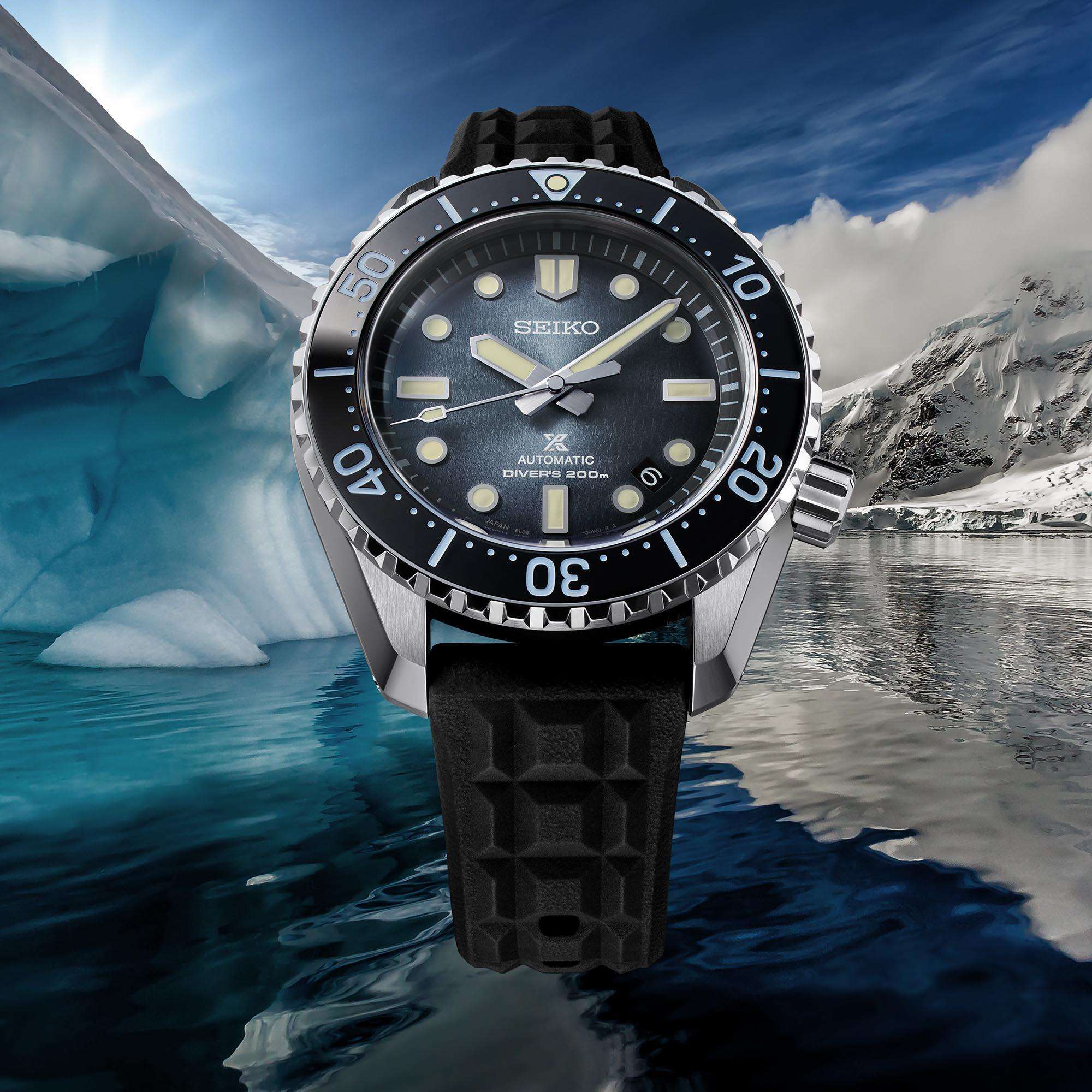 Seiko Prospex 'Antarctic Ice' Automatik Blaues Zifferblatt Blauer Armband Limitierte Auflage Herren Uhr SLA055J1