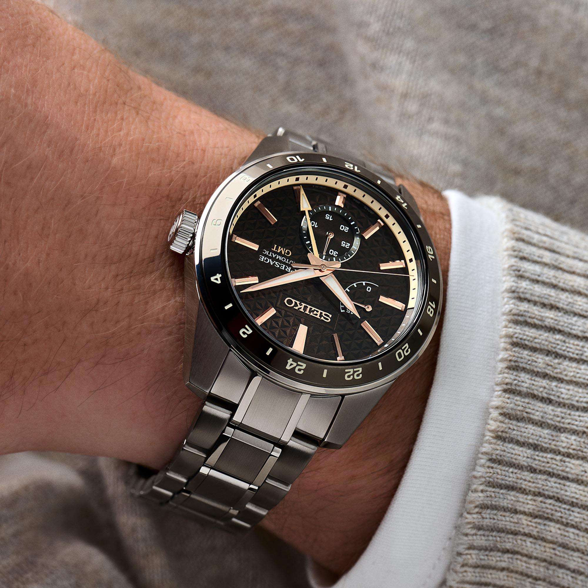 Seiko Presage ‘Keshizumi’ Sharp Edged Series GMT Automatik Braunes Zifferblatt Edelstahlarmband Herren Uhr SPB275J1