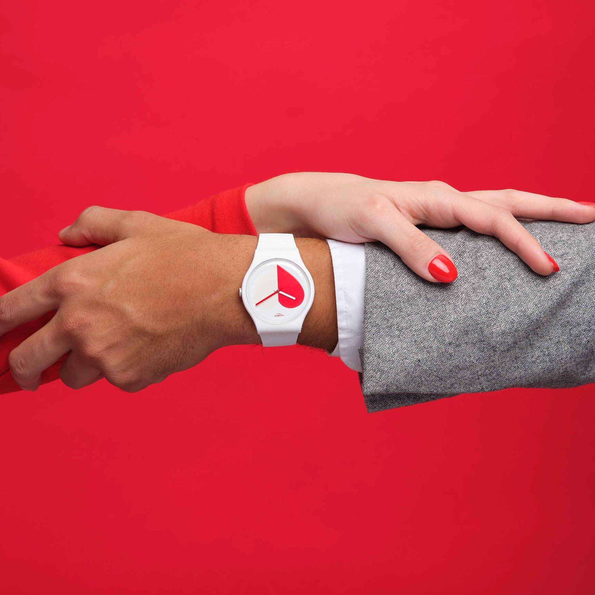 Swatch New Gent Half <3 Red Quartz White Dial White Silicone Strap Watch SO29Z113