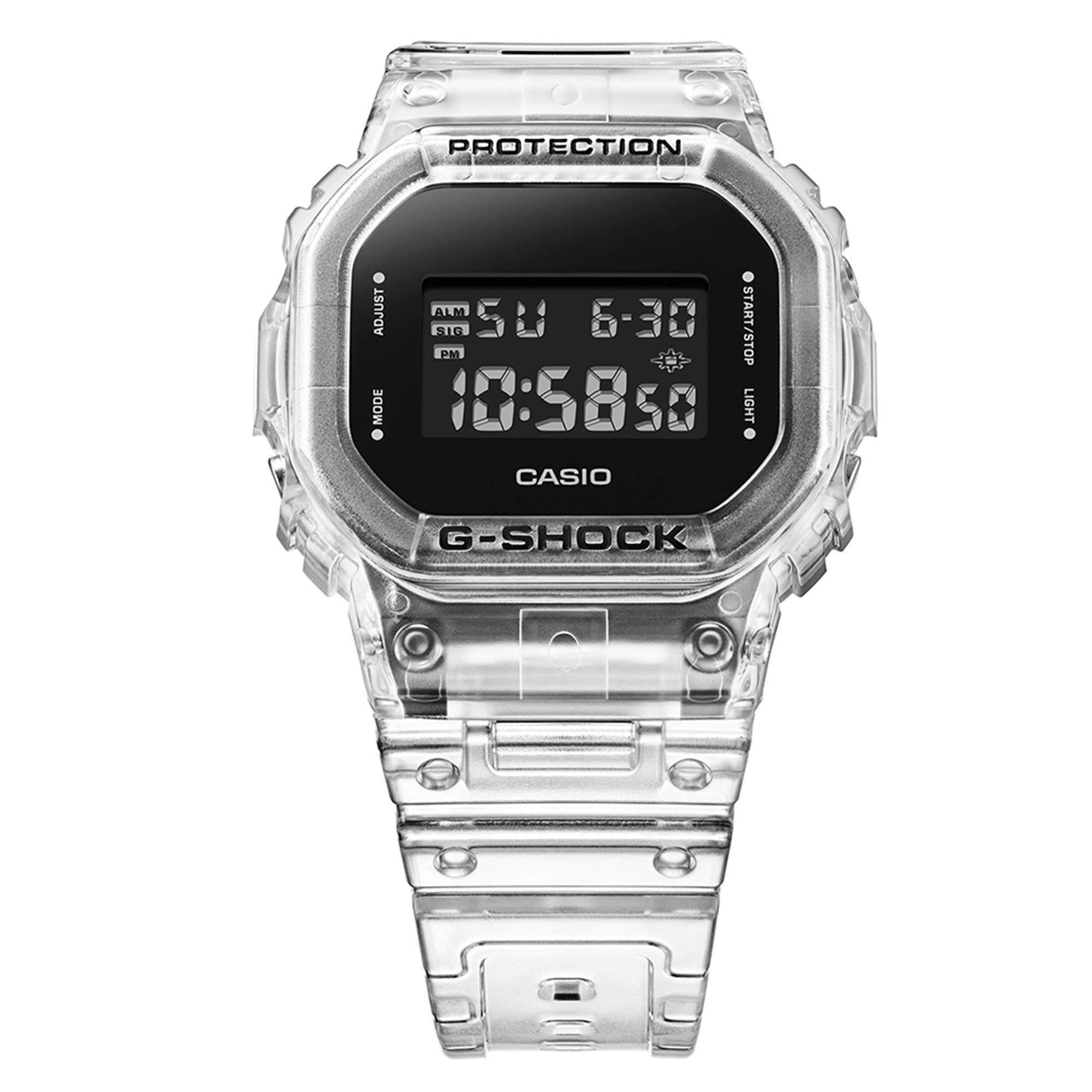 Casio G-Shock Quarz Schwarzes Zifferblatt Transparentes Silikonarmband Herren Uhr DW-5600SKE-7ER