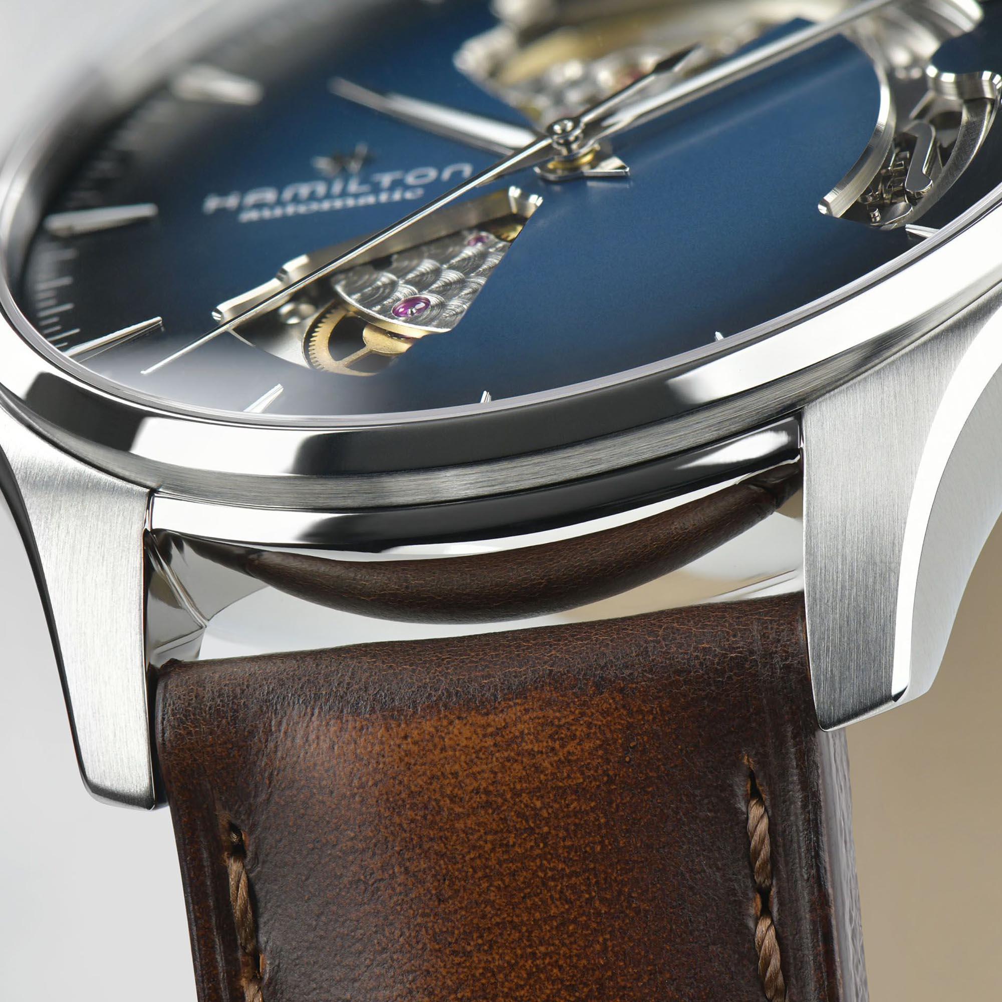 Hamilton Jazzmaster H32675540 smoked blue dial with open-heart aperture zoomed profile
