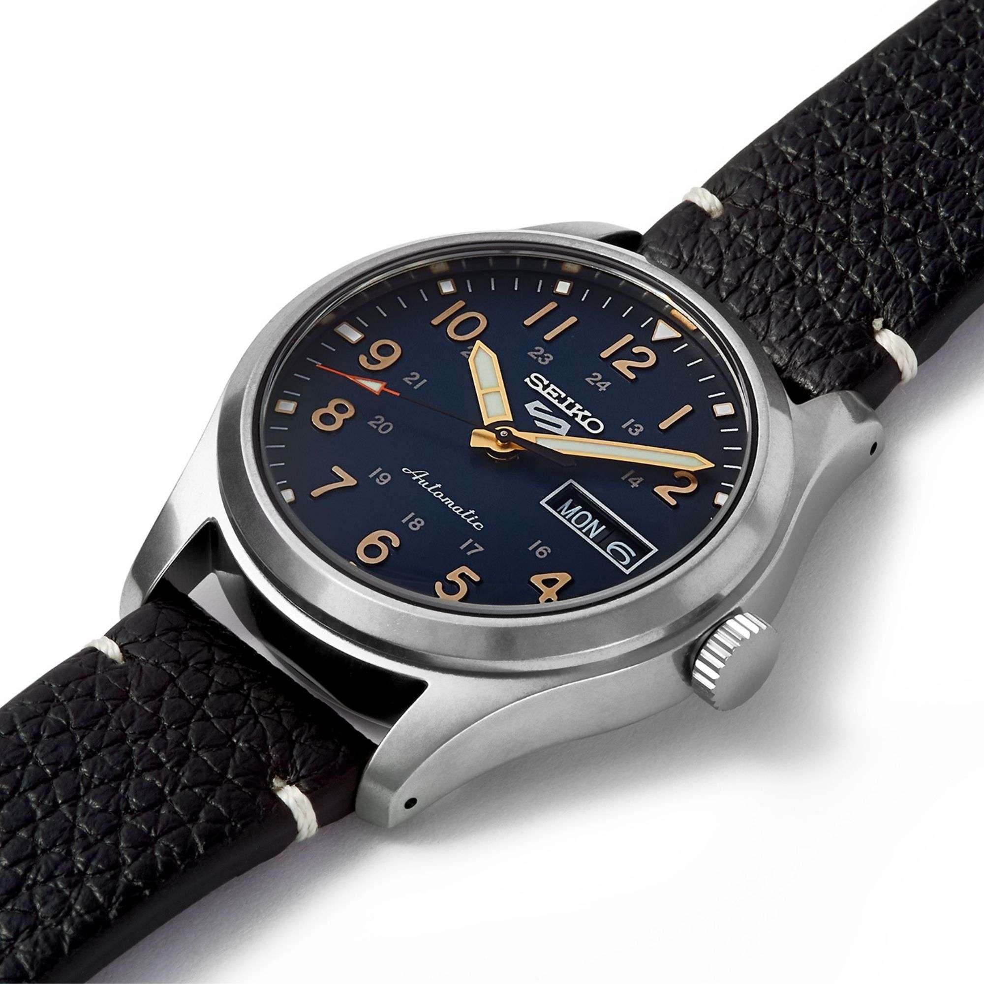 Seiko 5 Sports Field Military Automatic Blue Dial Black Leather Strap Men's Watch SRPG39K1