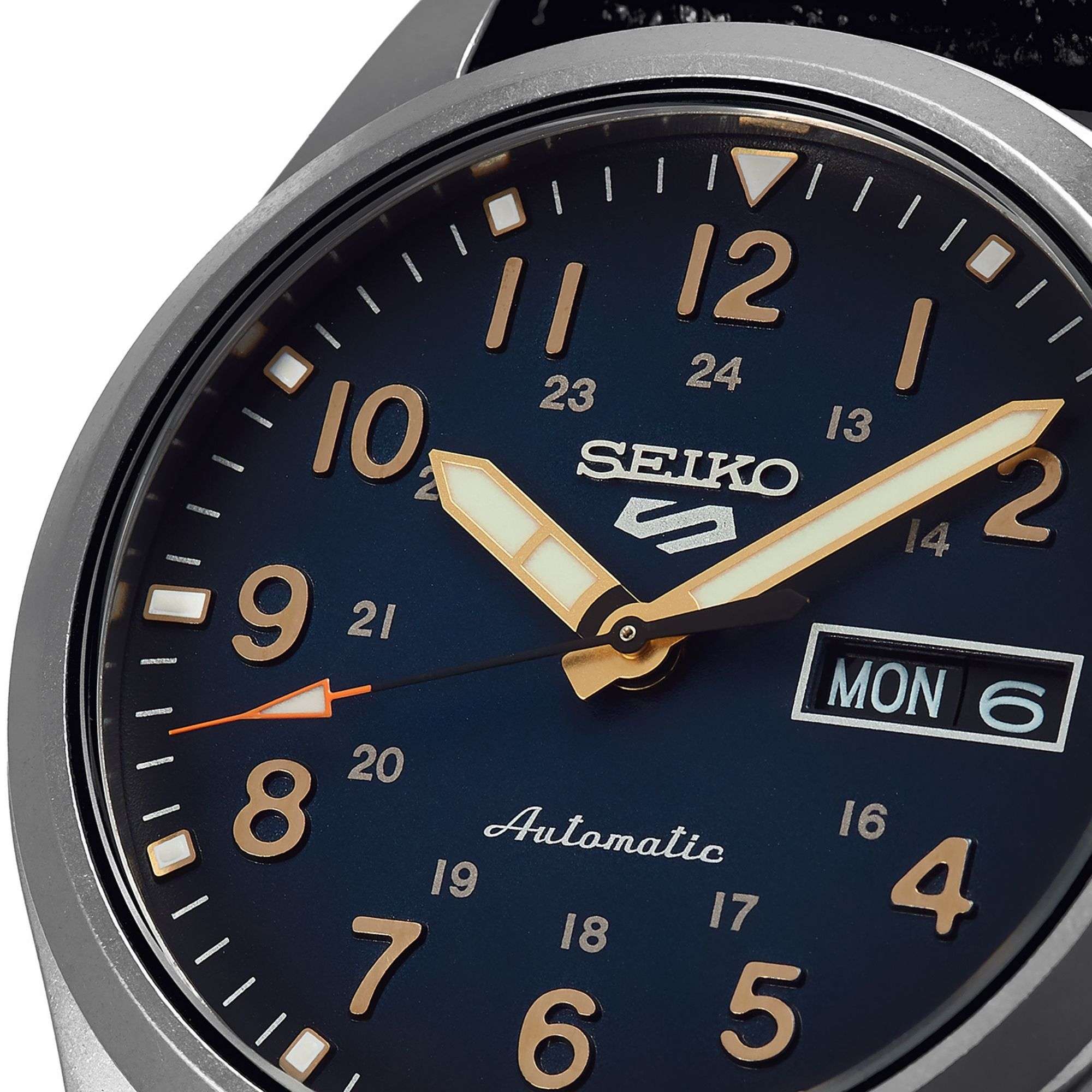 Seiko 5 Sports Field Military Automatic Blue Dial Black Leather Strap Men's Watch SRPG39K1