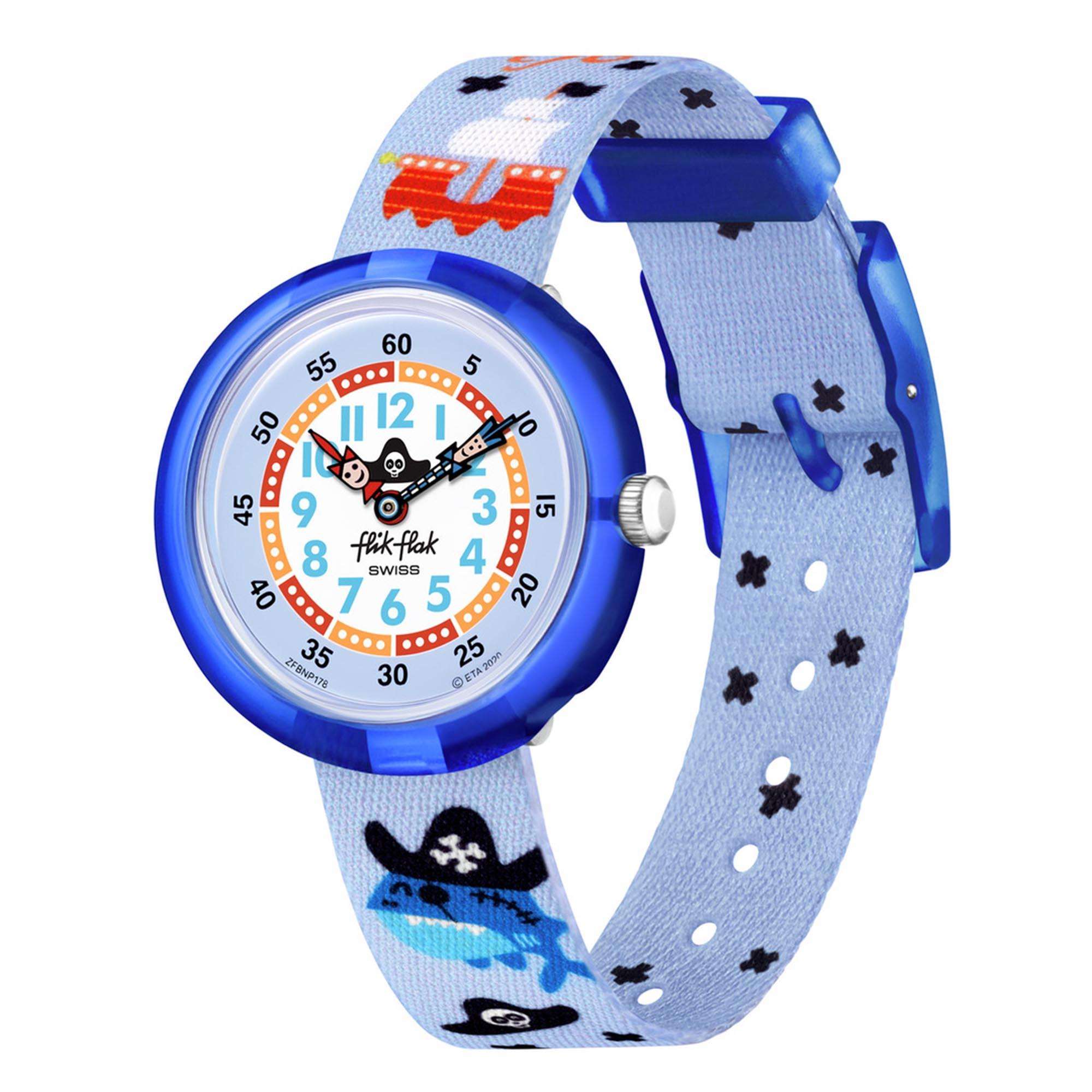 Flik Flak Ahoy Matey! Quarz Blaues Zifferblatt Blaues Stoffarmband Kinder Uhr FBNP178