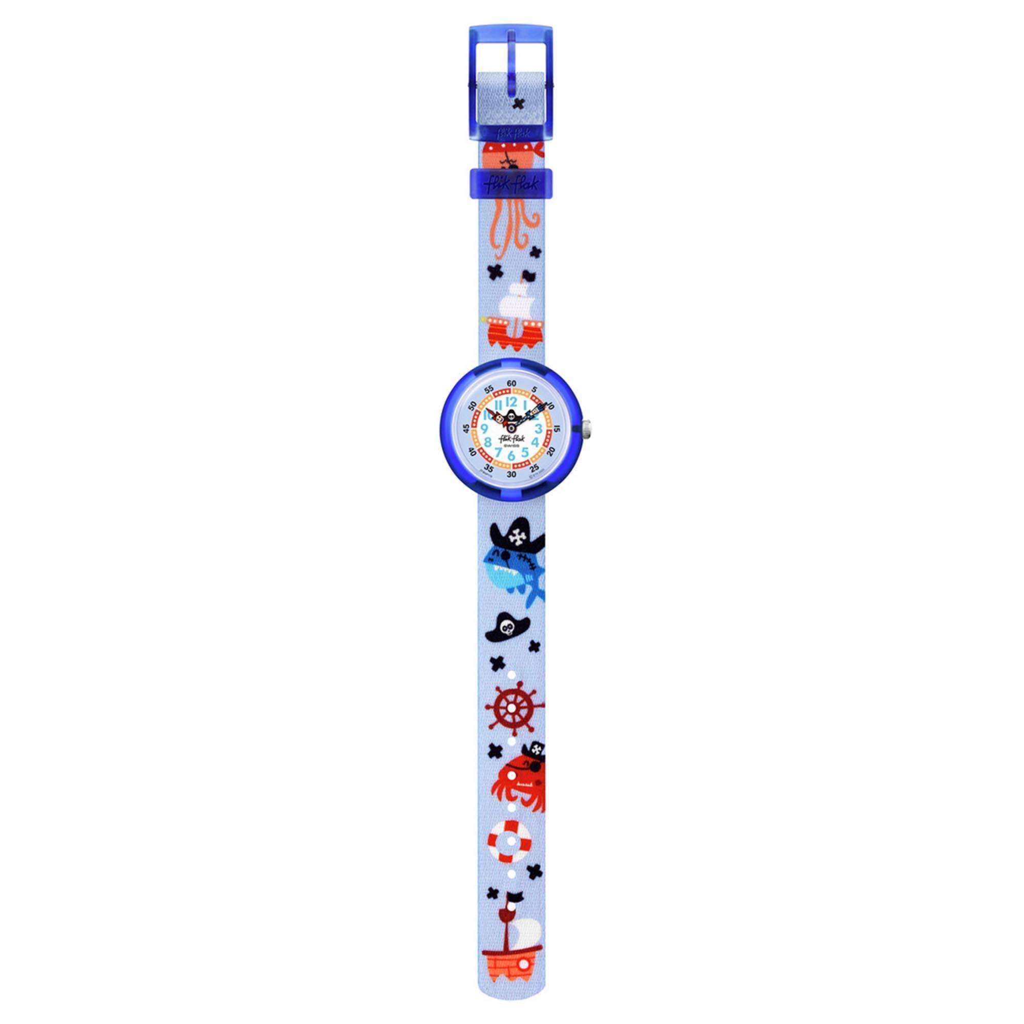 Flik Flak Ahoy Matey! Quarz Blaues Zifferblatt Blaues Stoffarmband Kinder Uhr FBNP178