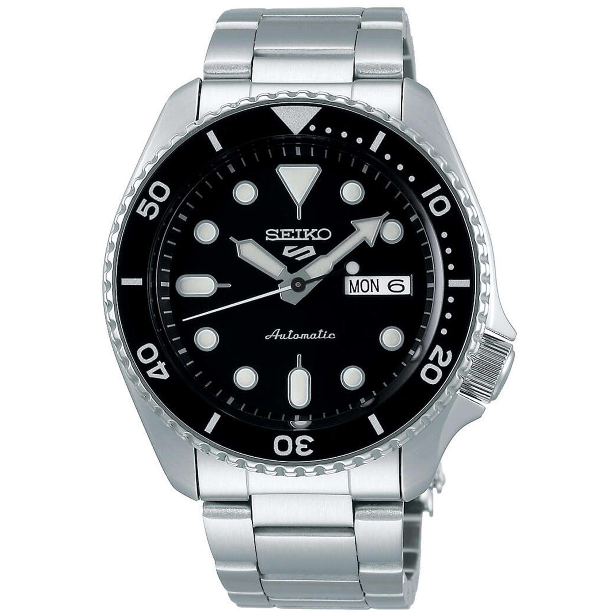 Seiko 5 Sports Automatik Schwarzes Zifferblatt Silbernes Edelstahlarmband Herren Uhr SRPD55K1