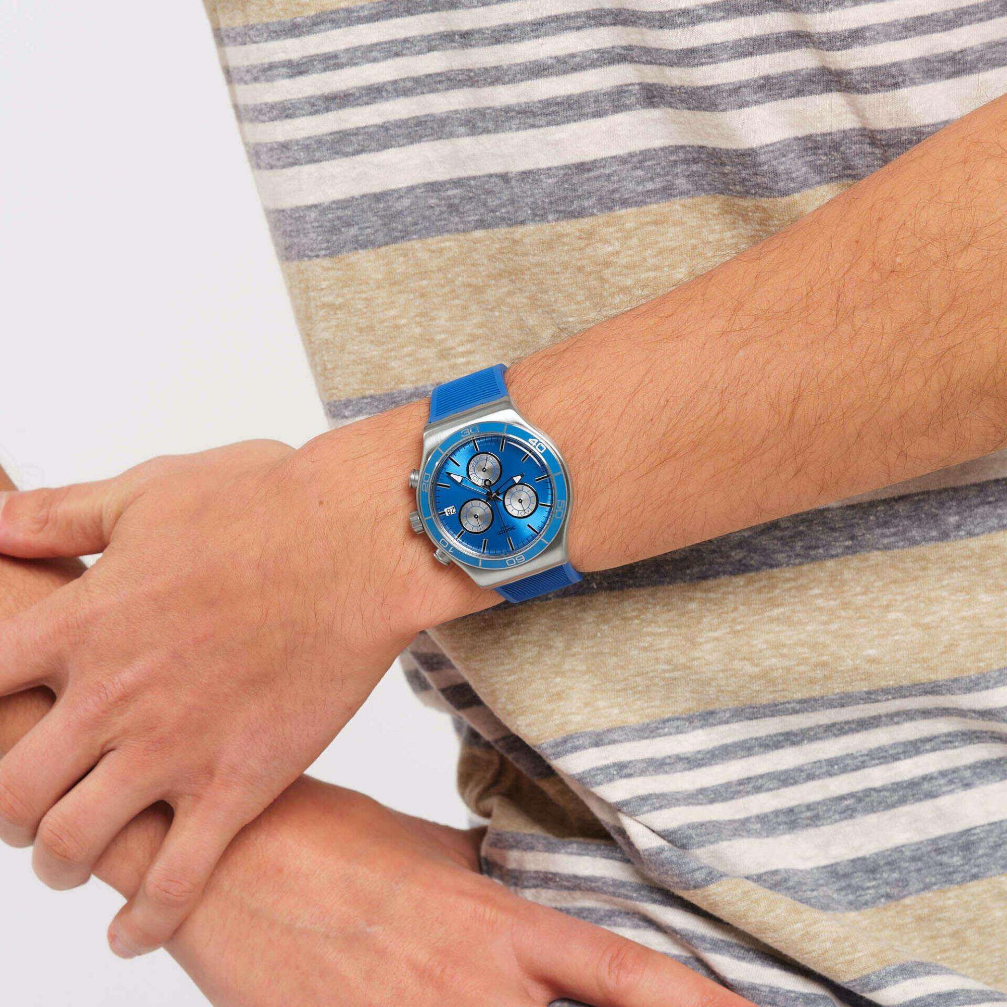 Swatch New Irony Chrono Blue Is All Quartz Blue Dial Blue Silicone Strap Men's Watch YVS485
