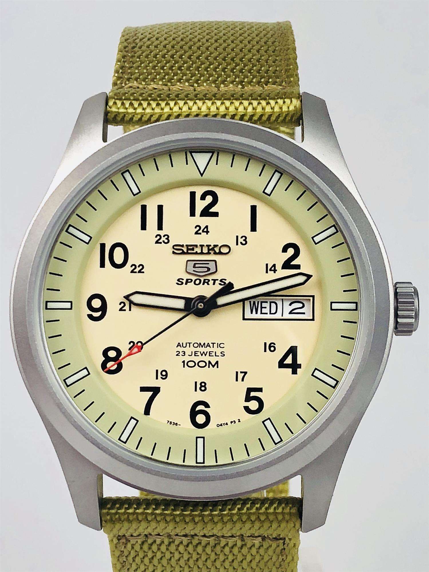 Seiko 5 Sports Automatic Military Cream Dial Canvas Men's Watch SNZG07K1