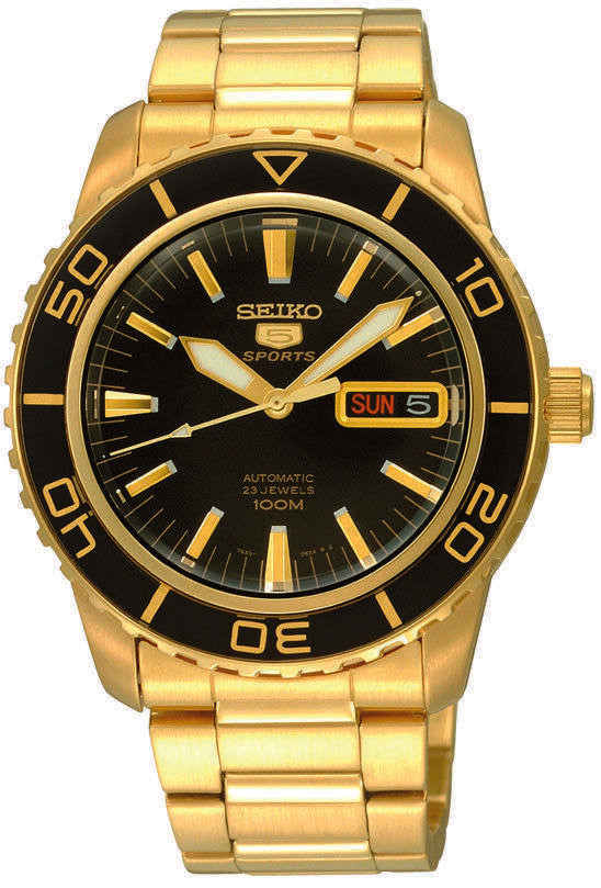 Seiko 5 Sports Automatik Herrenarmbanduhr mit schwarzem Zifferblatt und goldfarbenem Edelstahl SNZH60K1