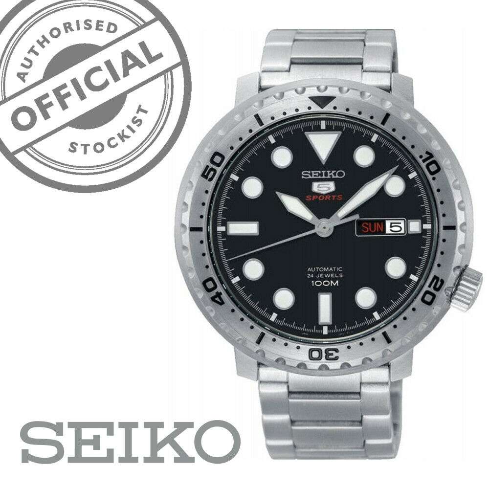 Seiko 5 Sports Flaschenverschluss Silber Edelstahl Schwarzes Zifferblatt Automatik Herren Uhr SRPC61K1