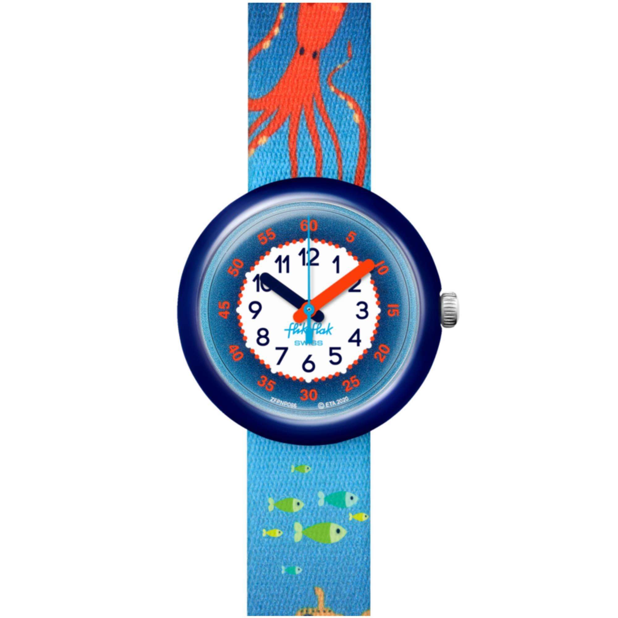 Flik Flak Sea La Vie Quarz Zweifarbiges Zifferblatt Blauer PET Recycelter Armband Kinderuhr FPNP086