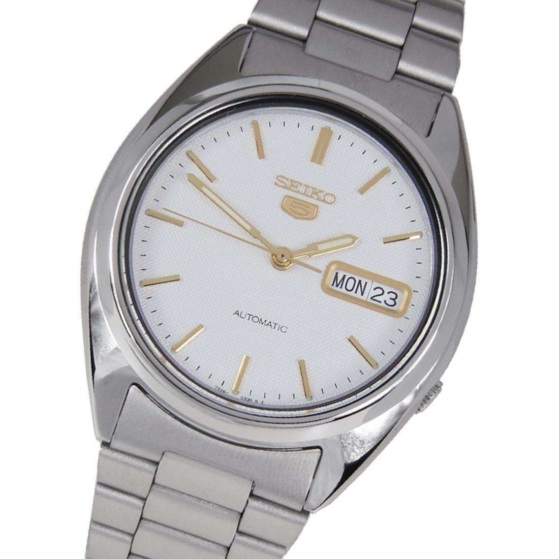 Seiko 5 Automatic SNXG47K1 white dial stainless steel men's watch angled view