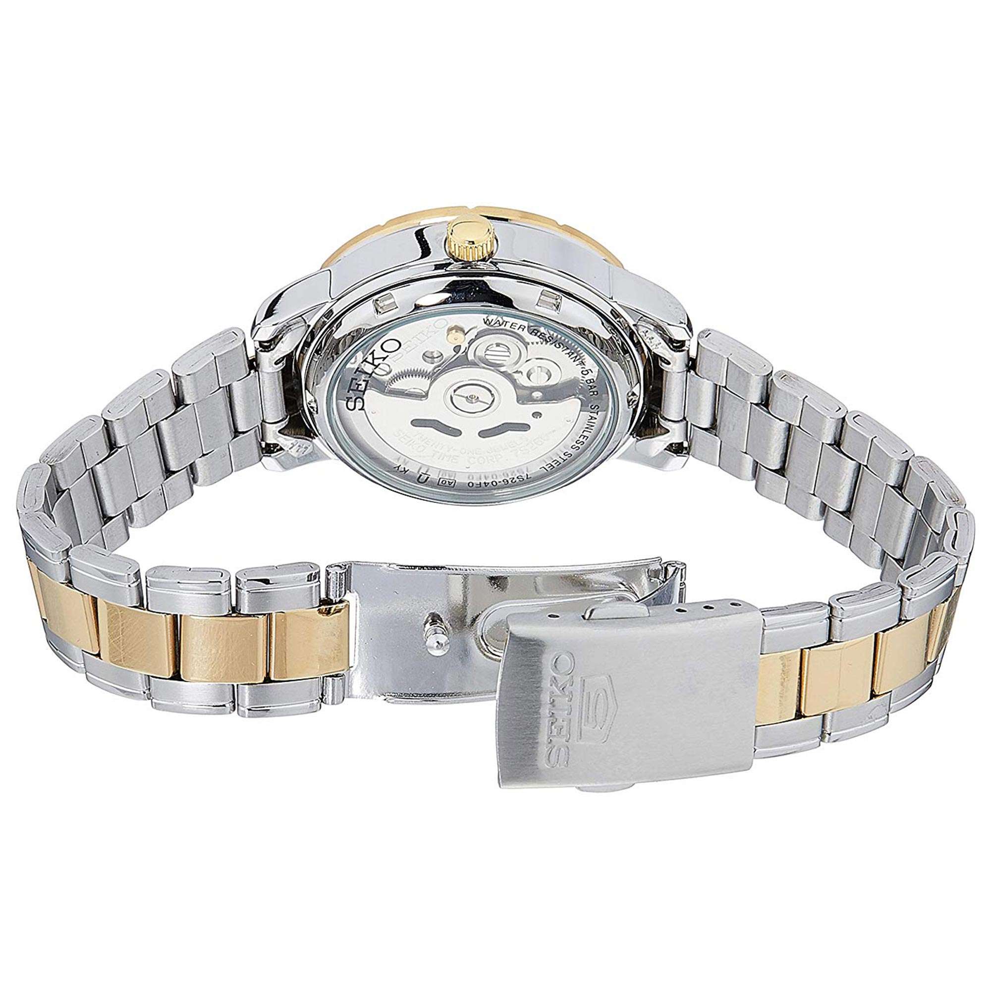 Seiko 5 Automatik Weißes Zifferblatt Zweifarbig Silber Gold Edelstahl Damen Uhr SNK892K1