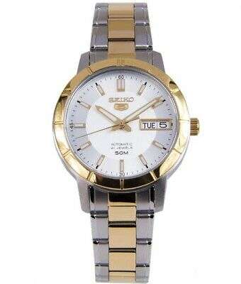 Seiko 5 Automatik Weißes Zifferblatt Zweifarbig Silber Gold Edelstahl Damen Uhr SNK892K1