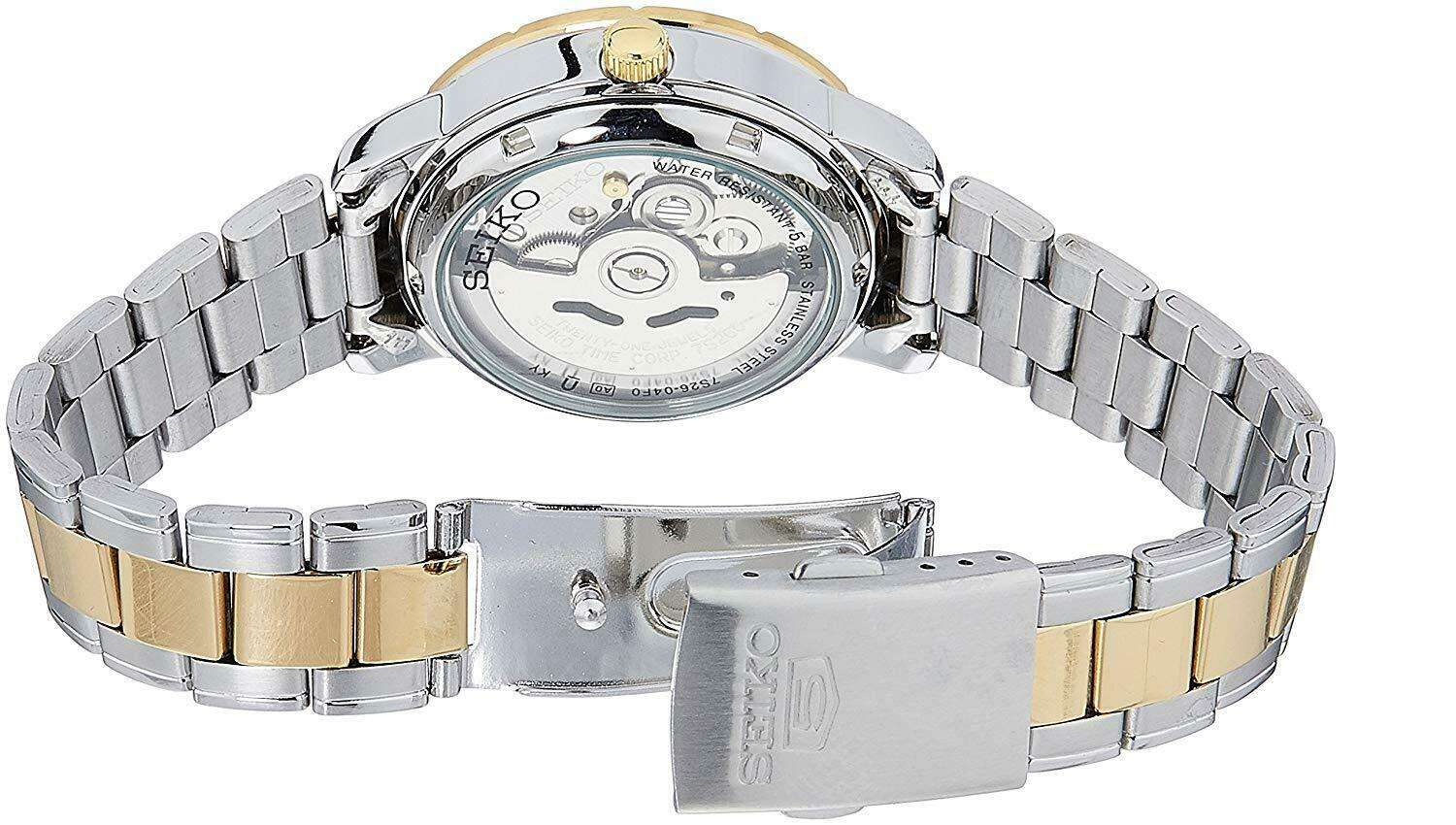 Seiko 5 Automatik Weißes Zifferblatt Zweifarbig Silber Gold Edelstahl Damen Uhr SNK892K1