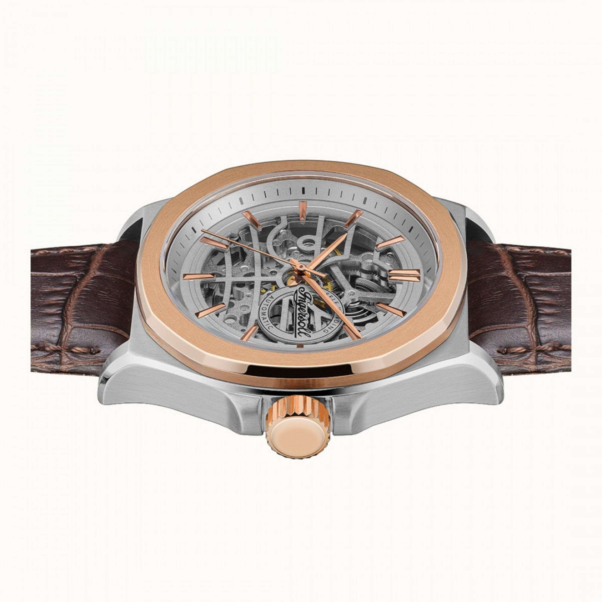 Ingersoll The Orville Automatik Silber Skelett Zifferblatt Braunes Lederarmband Herren Uhr I09301B