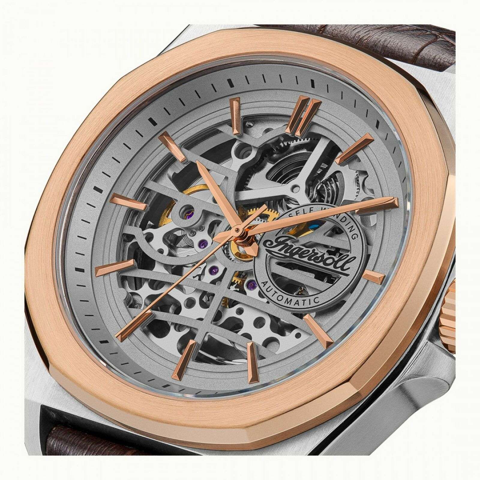 Ingersoll The Orville Automatik Silber Skelett Zifferblatt Braunes Lederarmband Herren Uhr I09301B