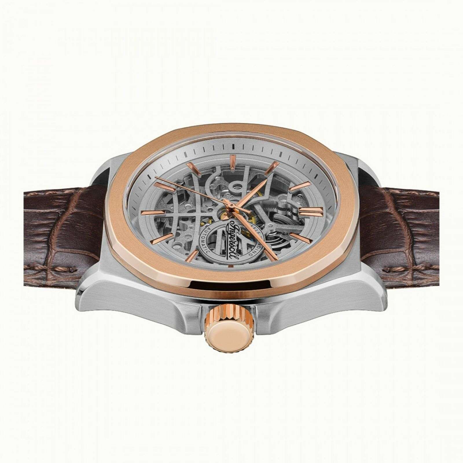 Ingersoll The Orville Automatik Silber Skelett Zifferblatt Braunes Lederarmband Herren Uhr I09301B