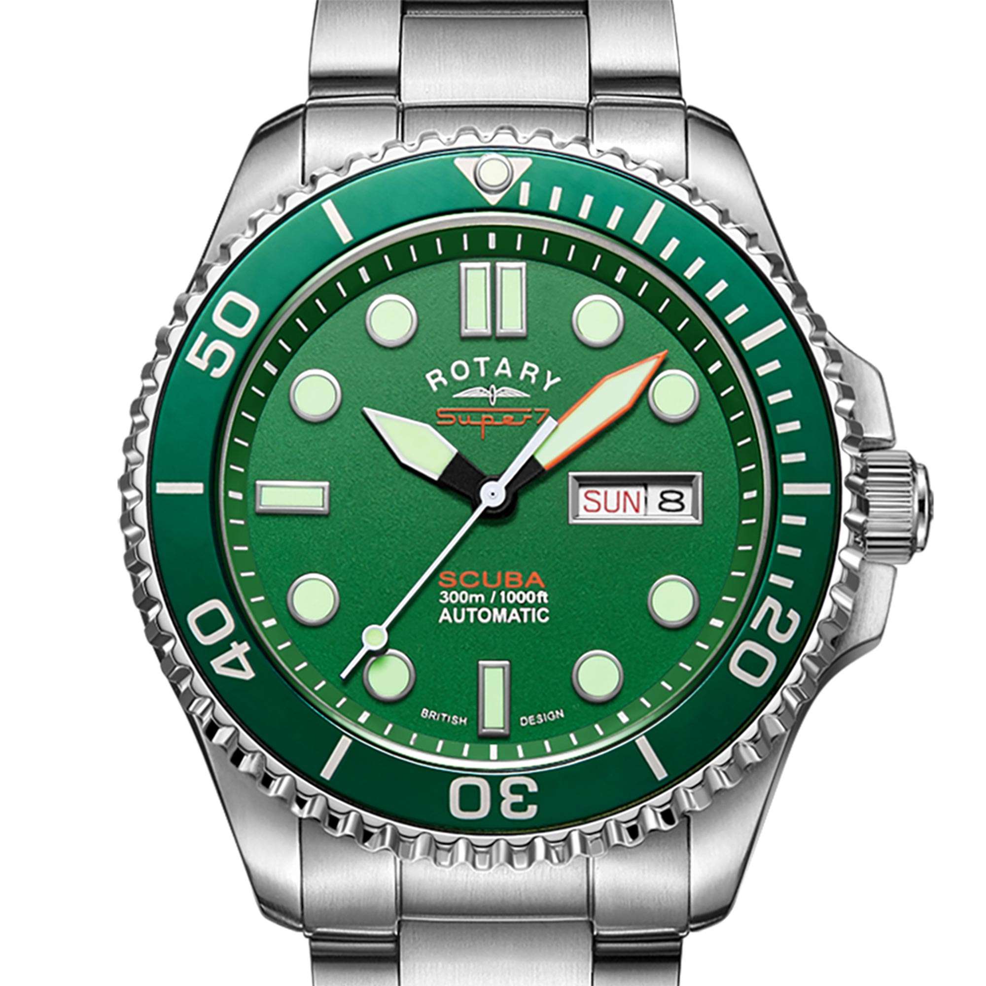 Rotary Super 7 SCUBA 'Hulk' Automatik Grünes Zifferblatt Silbernes Edelstahlarmband Herren Taucheruhr S7S003B