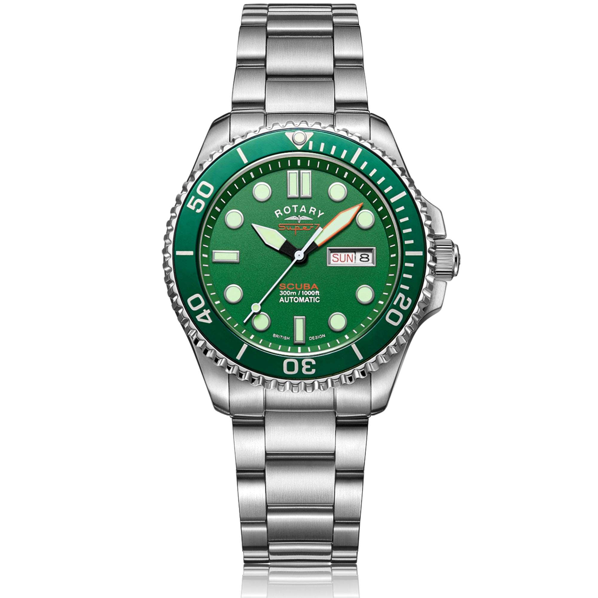 Rotary Super 7 SCUBA 'Hulk' Automatik Grünes Zifferblatt Silbernes Edelstahlarmband Herren Taucheruhr S7S003B