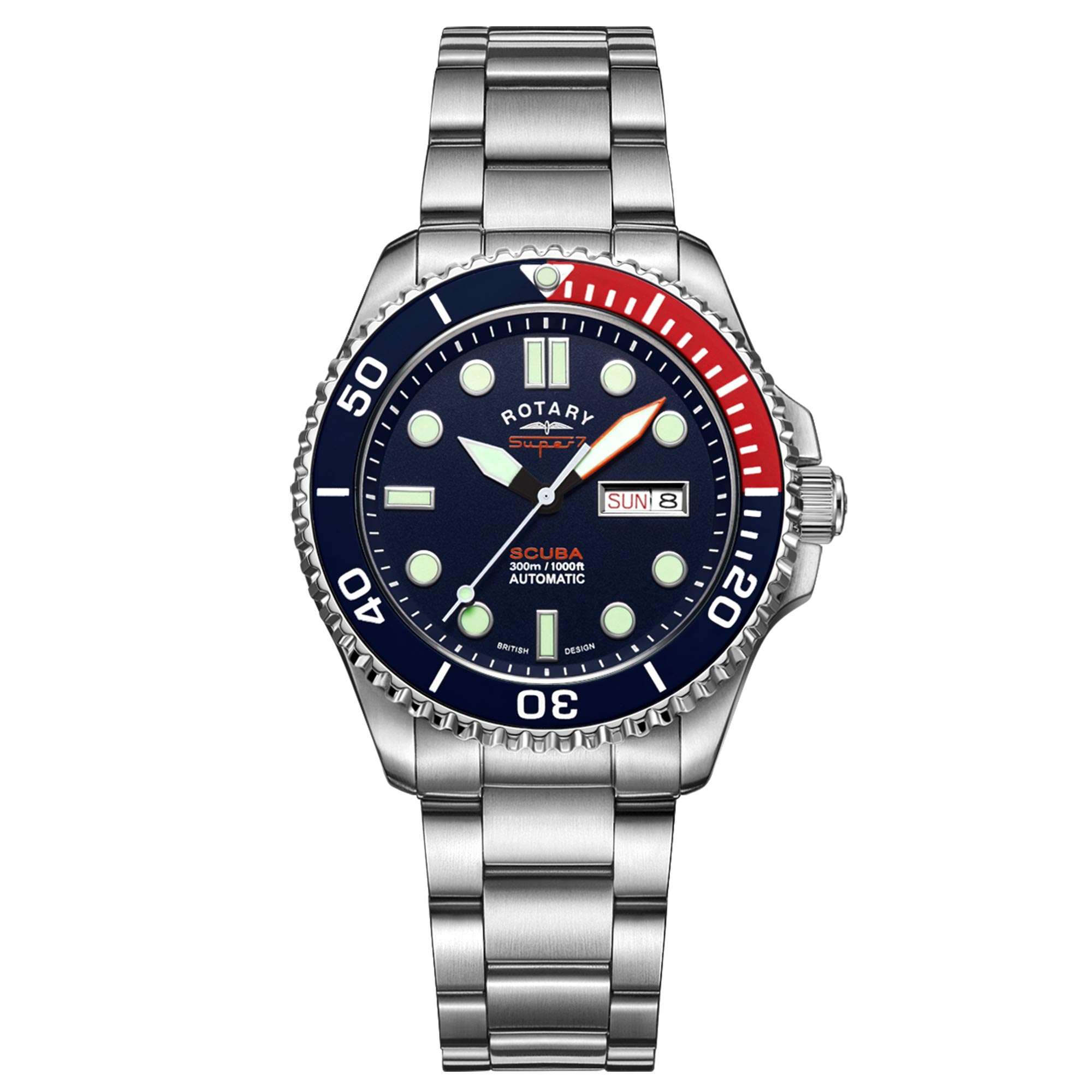 Rotary Super 7 SCUBA 'Pepsi' Automatik Marineblaues Zifferblatt Silbernes Edelstahlarmband Herren Taucheruhr S7S004B