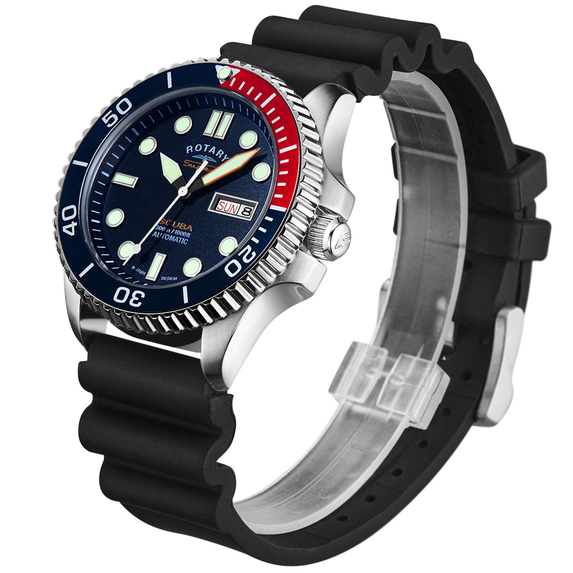 Rotary Super 7 SCUBA Pepsi Automatik Marineblaues Zifferblatt Silikonarmband Herren Taucheruhr S7S004S