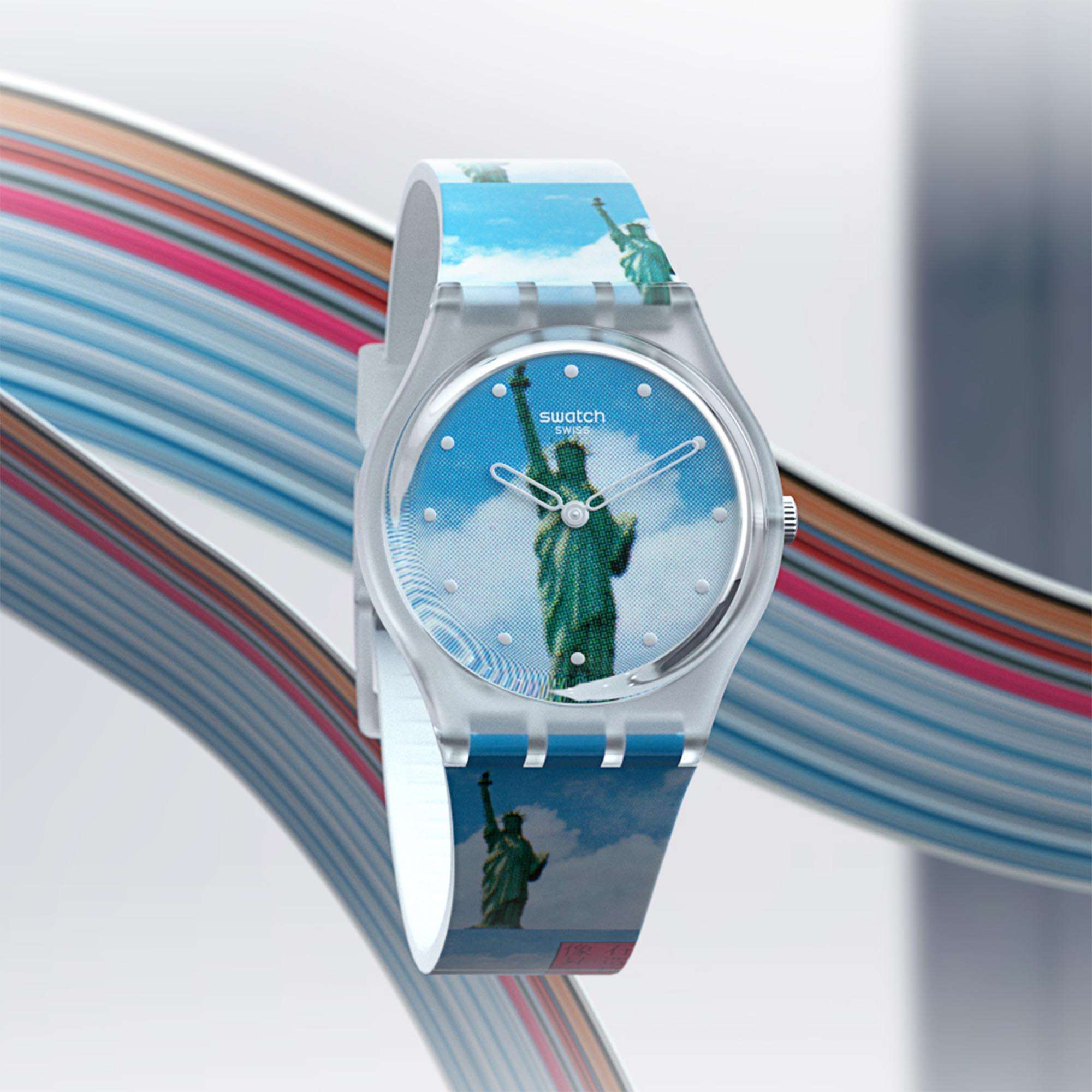Swatch MoMA New York By Tadanori Yokoo Statue of Liberty Blue Dial Silicone Strap Watch GZ351