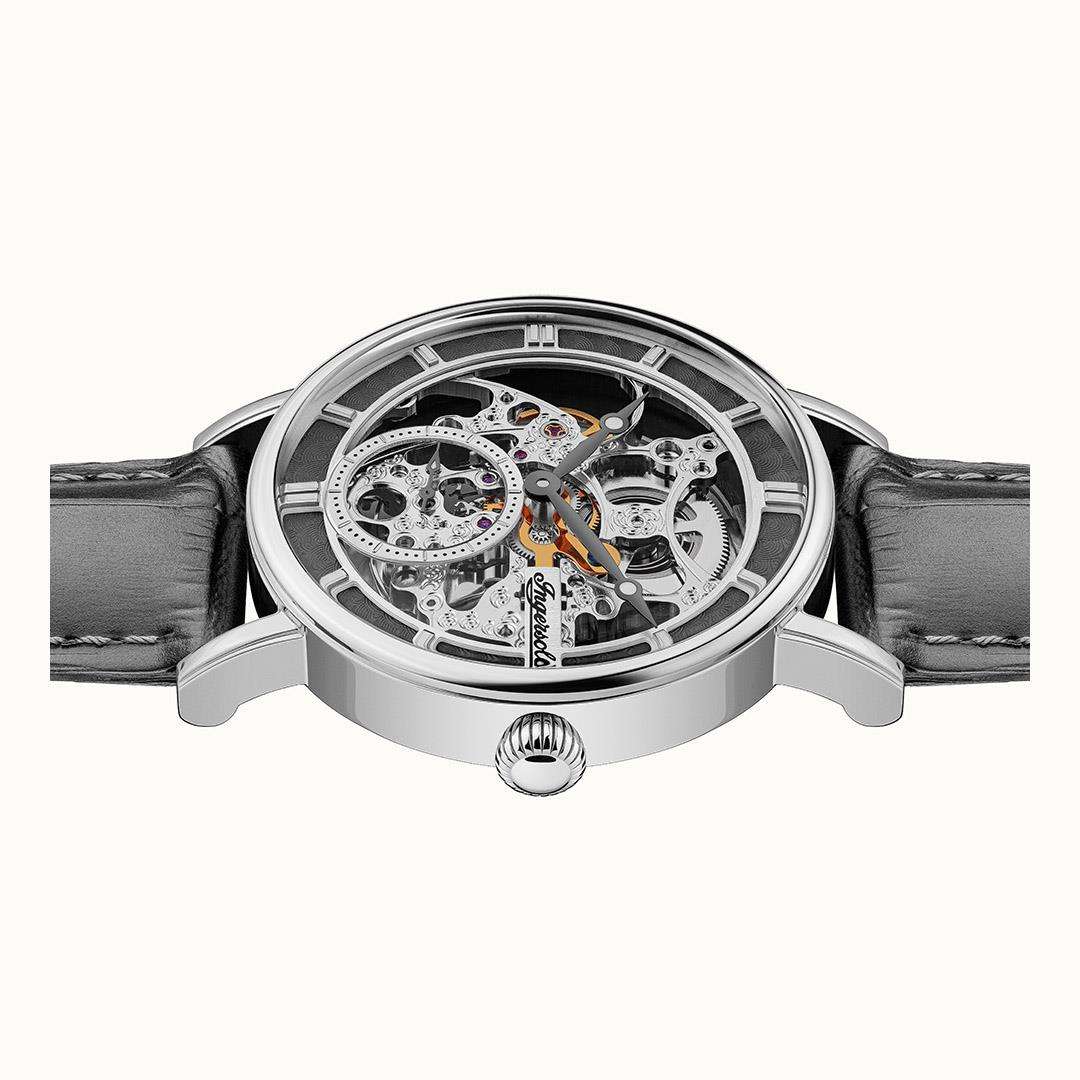 Ingersoll The Herald Automatik Graues Lederarmband Silbernes Zifferblatt Herren Uhr I00402B