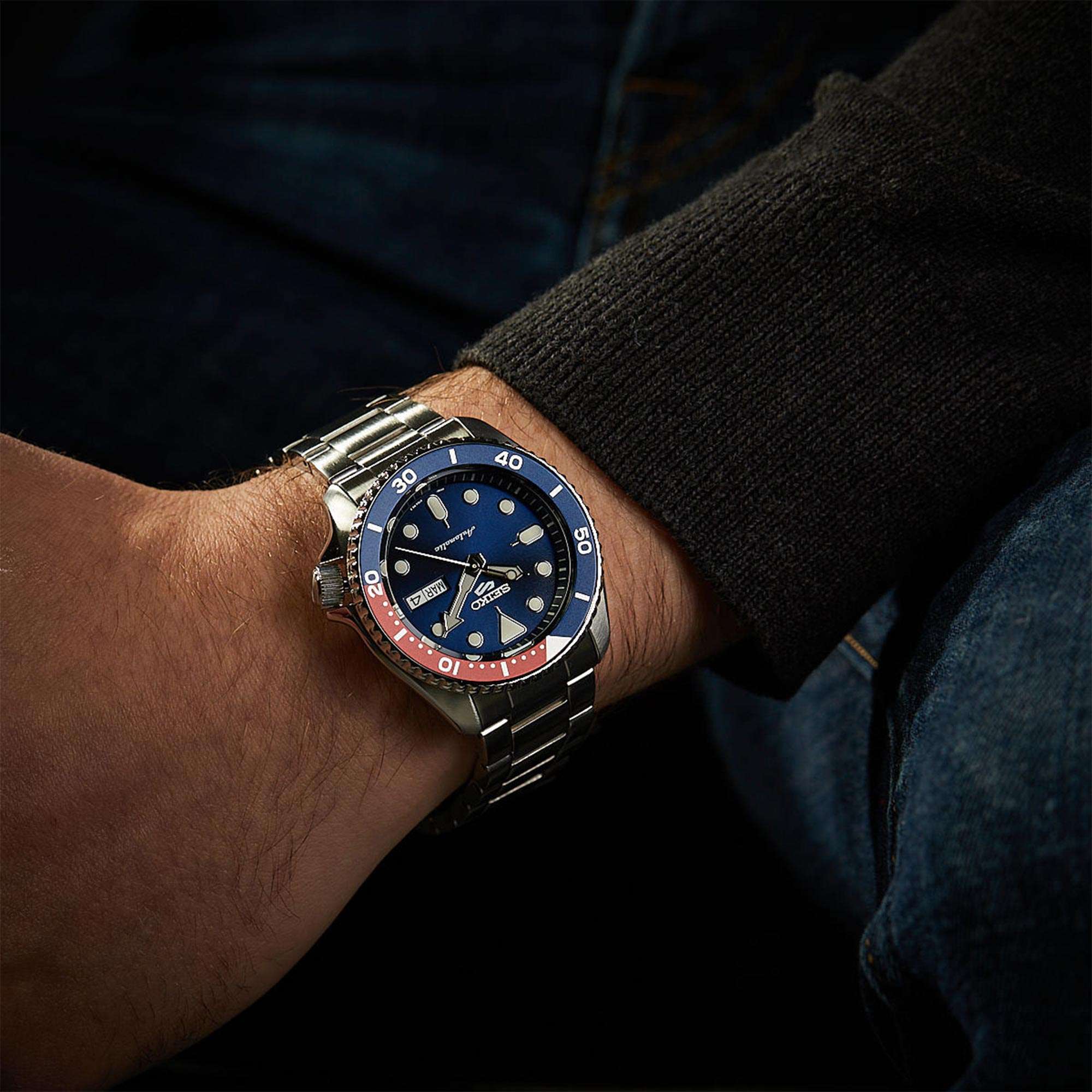 Seiko 5 Sports Pepsi Lünette Edelstahlarmband Blaues Zifferblatt Herren Uhr SRPD53K1