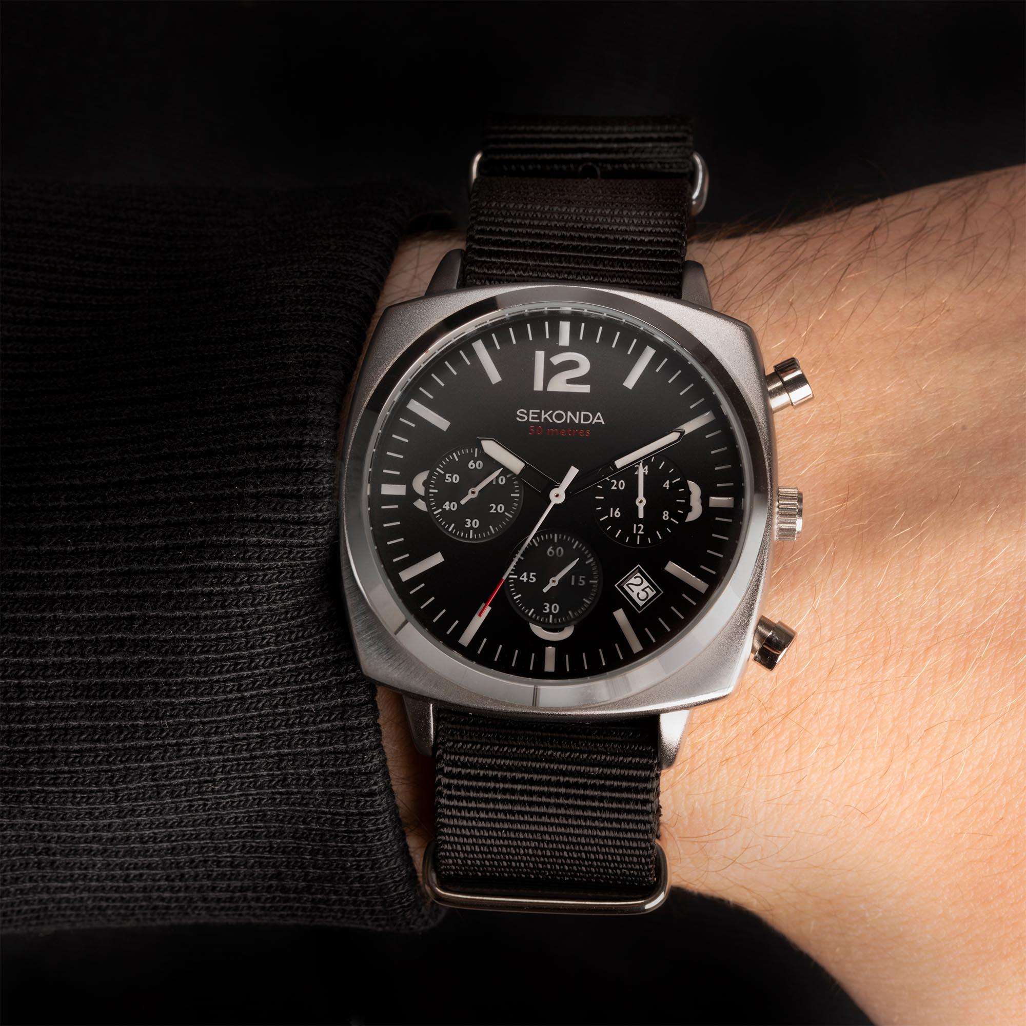 Sekonda Airborne Quarz Schwarze Zifferblatt Schwarzer Armband Herren Uhr 1989