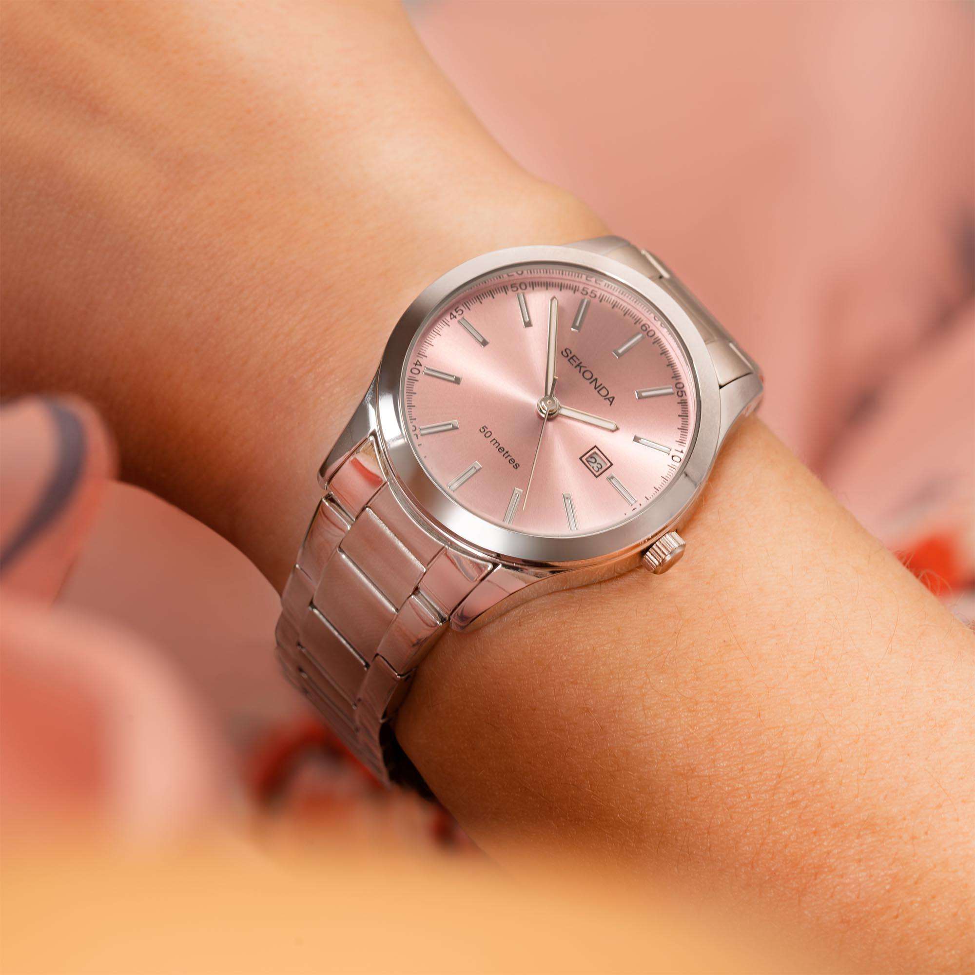 Sekonda ColourPop Quarz Rosa Zifferblatt Edelstahlarmband Damen Uhr 40398