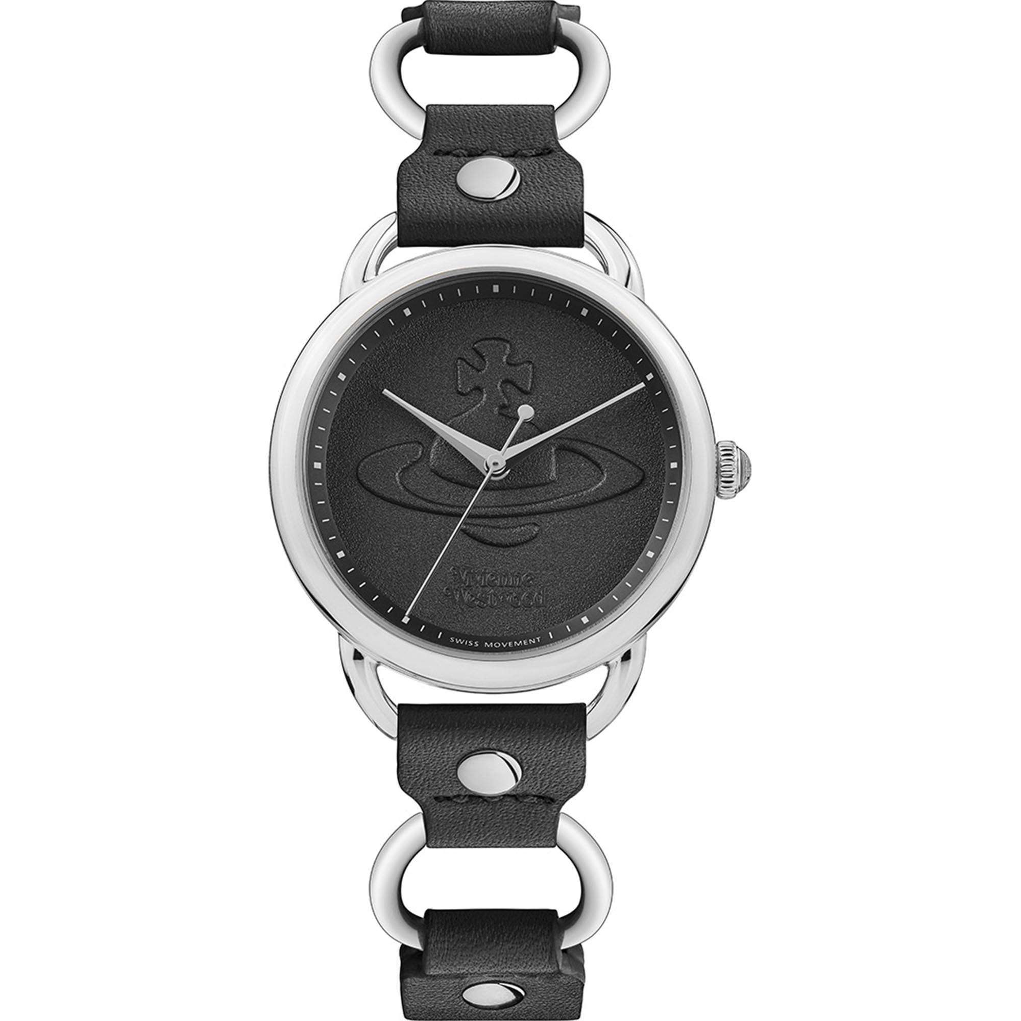 Vivienne Westwood Carnaby Quarz Schwarzes Zifferblatt Schwarzes Lederarmband Damen Uhr VV163BKSL