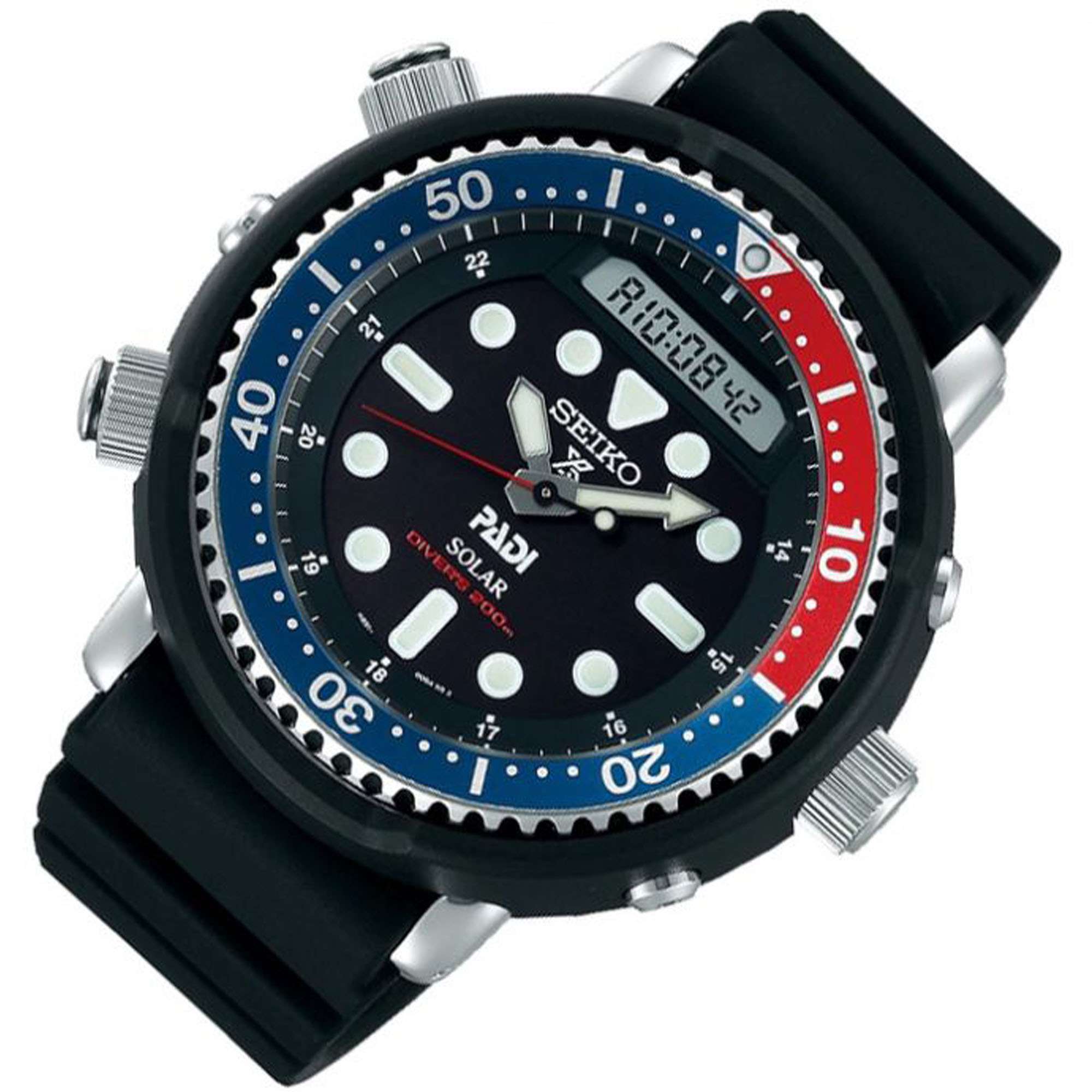 Seiko Prospex 'Arnie' PADI Predator 'Pepsi' 'Tuna' Solar Schwarzes Zifferblatt Silikonarmband Taucher Herren Uhr SNJ027P1