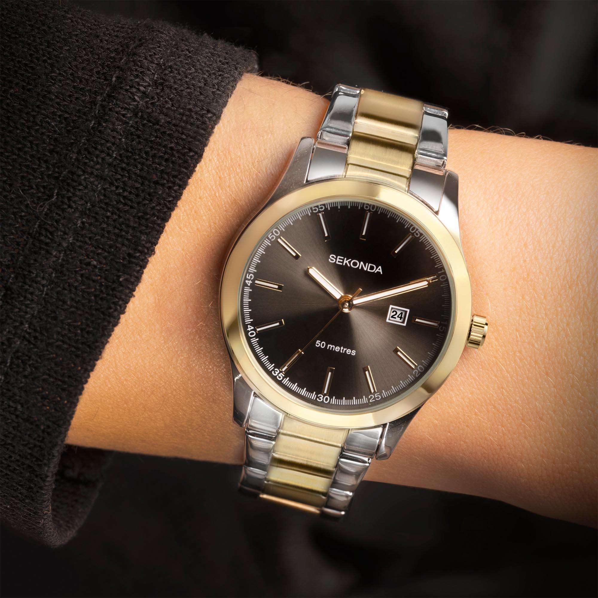 Sekonda Classic Colour Pop Quarz Schwarzes Zifferblatt Zweifarbiges Edelstahlarmband Damen Uhr 40429